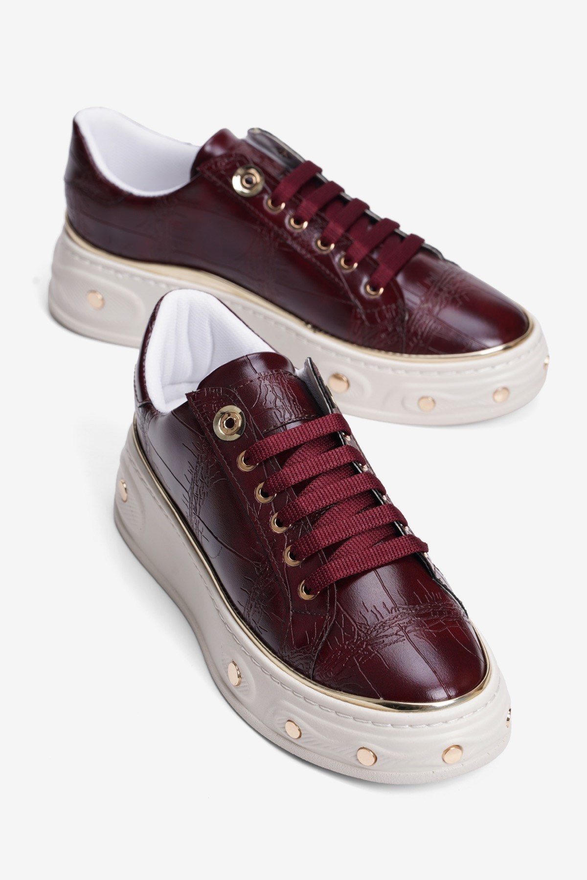 Kadın Kroko Desenli Sneaker Kalın Tabanlı Bağcıklı Gold Detaylı Vika Bordo