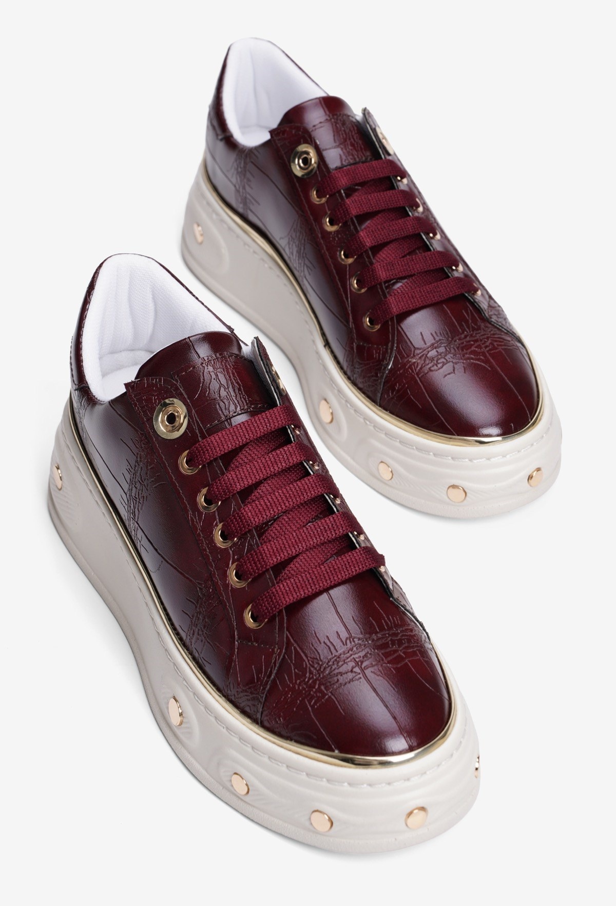 Kadın Kroko Desenli Sneaker Kalın Tabanlı Bağcıklı Gold Detaylı Vika Bordo