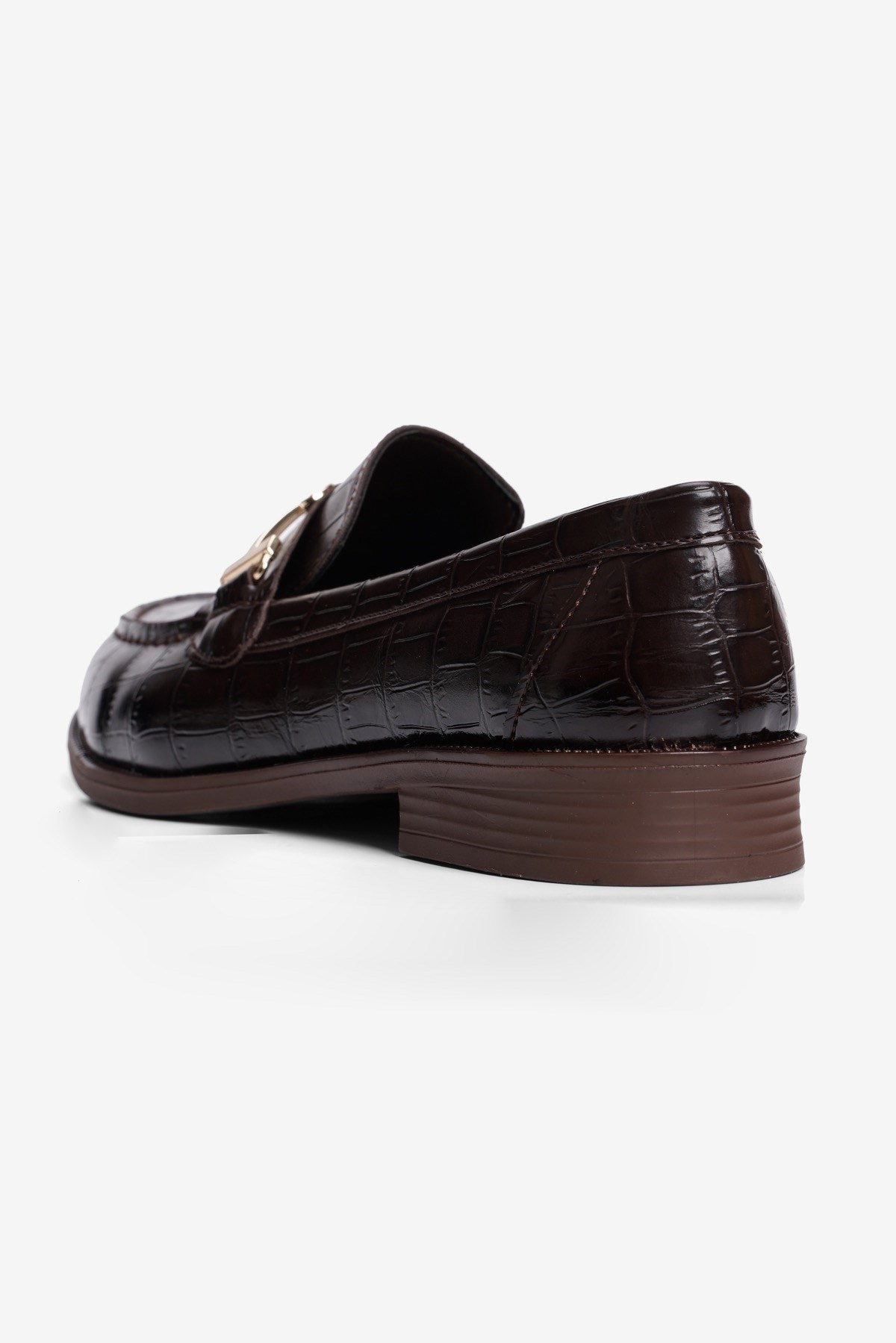 Kadın Kroko Loafer Gold Aksesuarlı Klasik Günlük Ayakkabı Kolej Kahverengi
