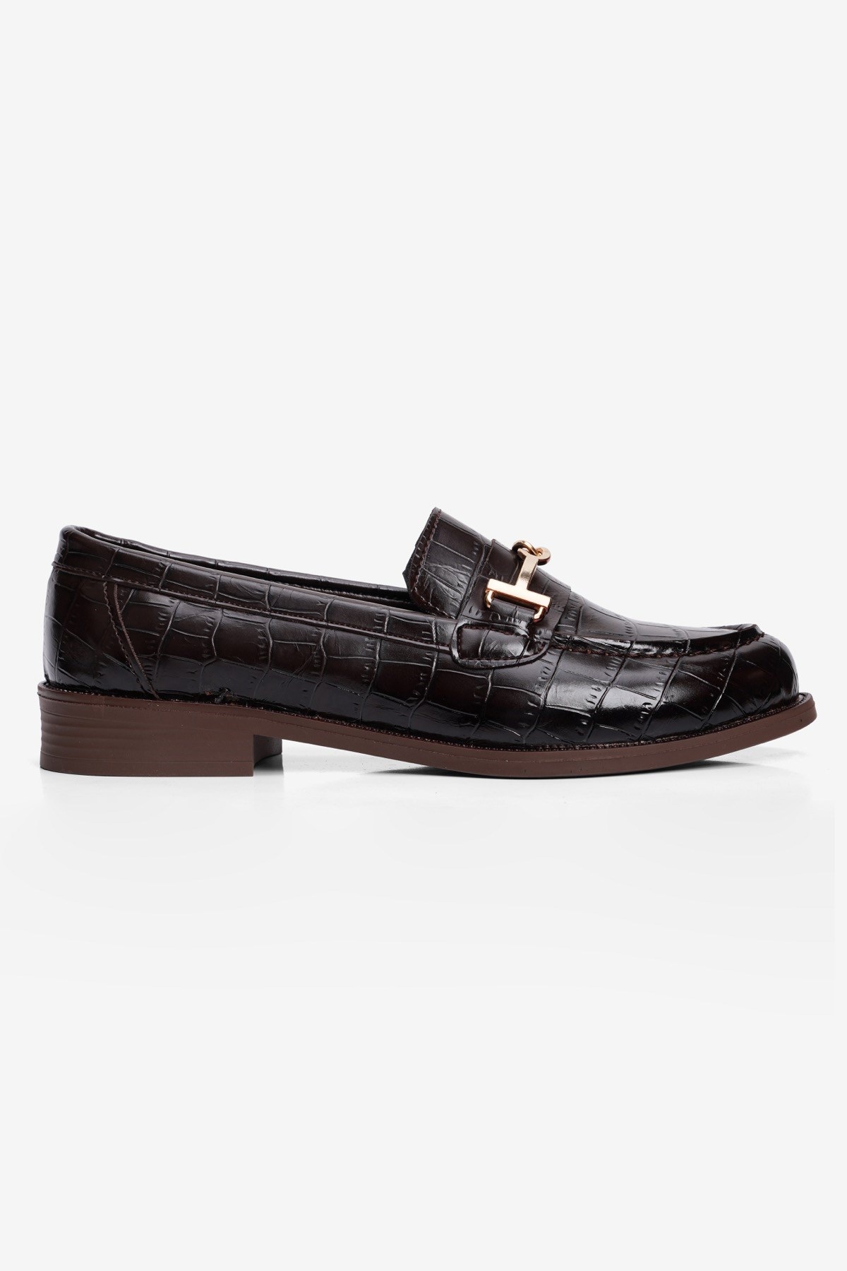 Kadın Kroko Loafer Gold Aksesuarlı Klasik Günlük Ayakkabı Kolej Kahverengi