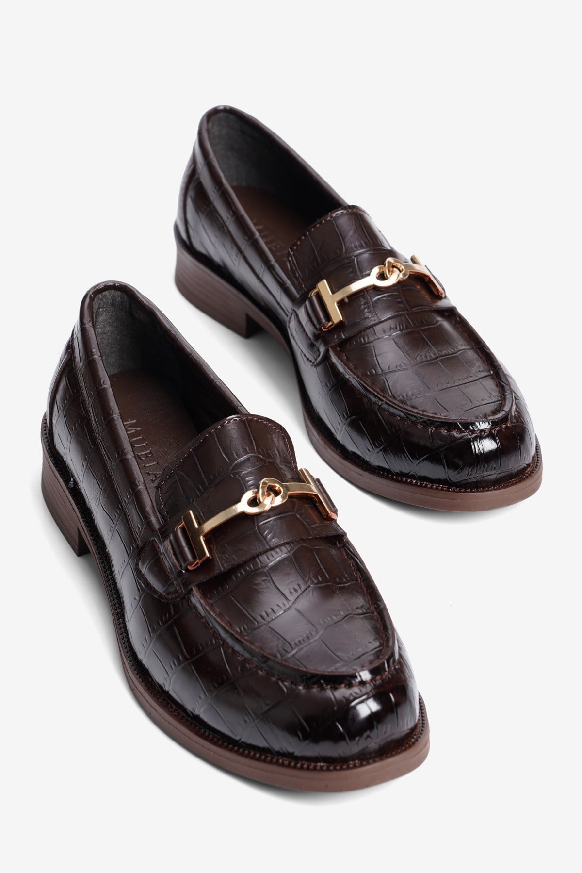 Kadın Kroko Loafer Gold Aksesuarlı Klasik Günlük Ayakkabı Kolej Kahverengi
