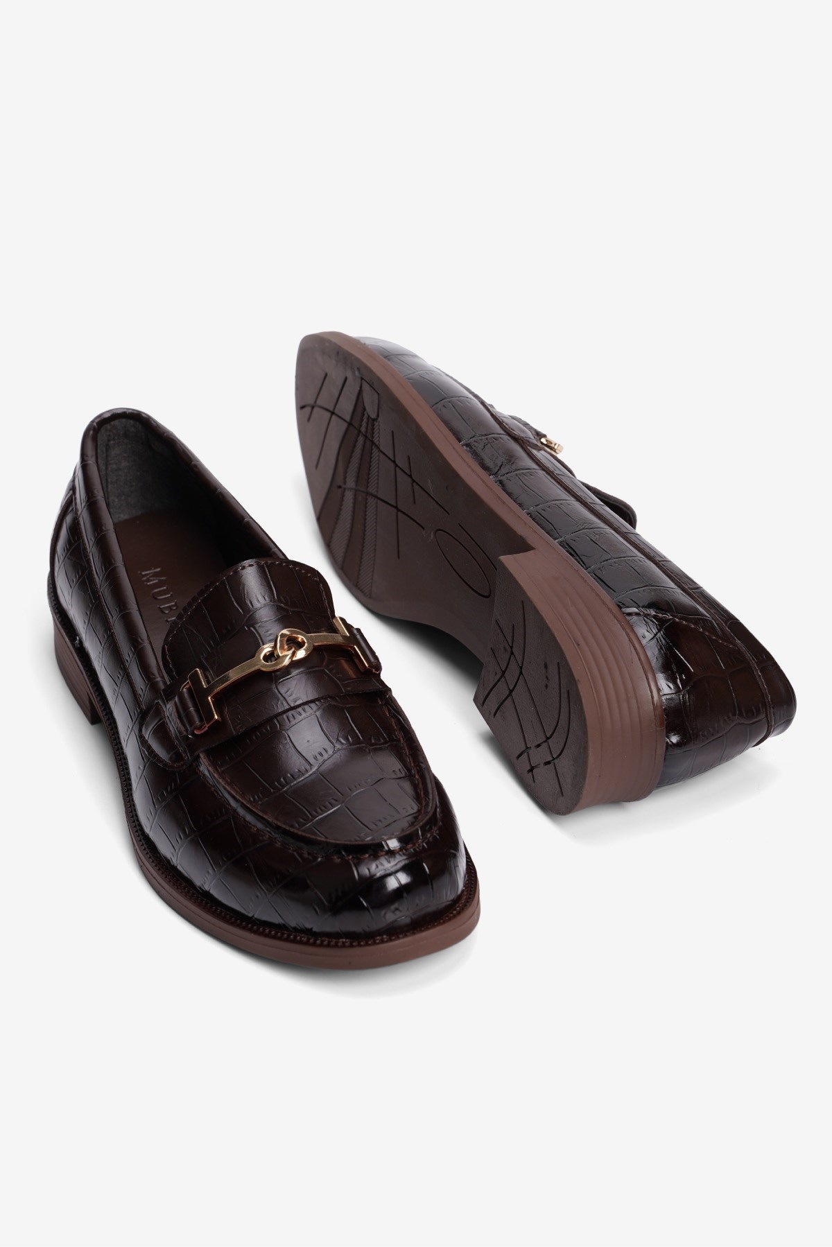 Kadın Kroko Loafer Gold Aksesuarlı Klasik Günlük Ayakkabı Kolej Kahverengi