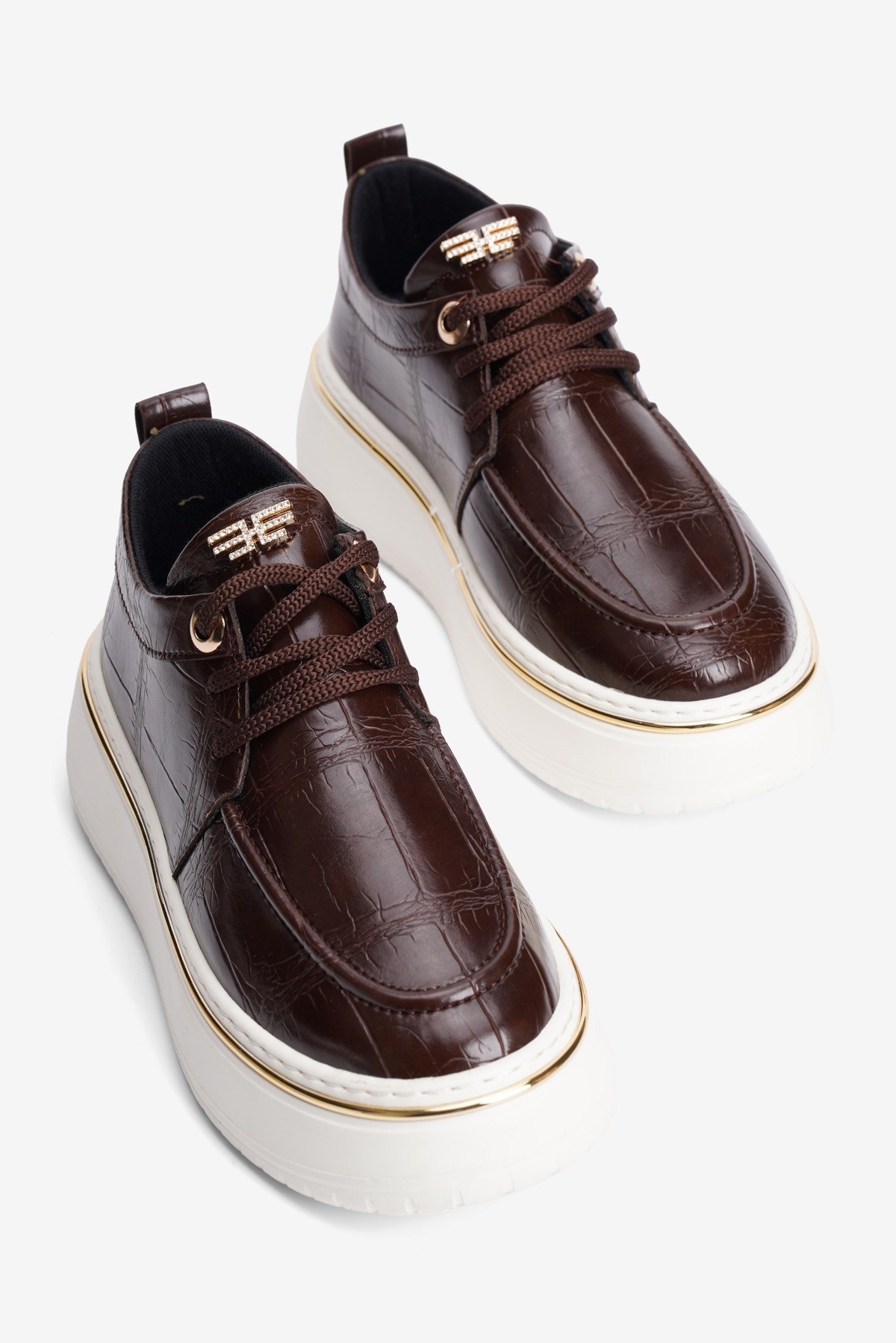 Kadın Kroko Sneaker Bağcıklı Altın Şerit Detaylı Zuri Kahverengi