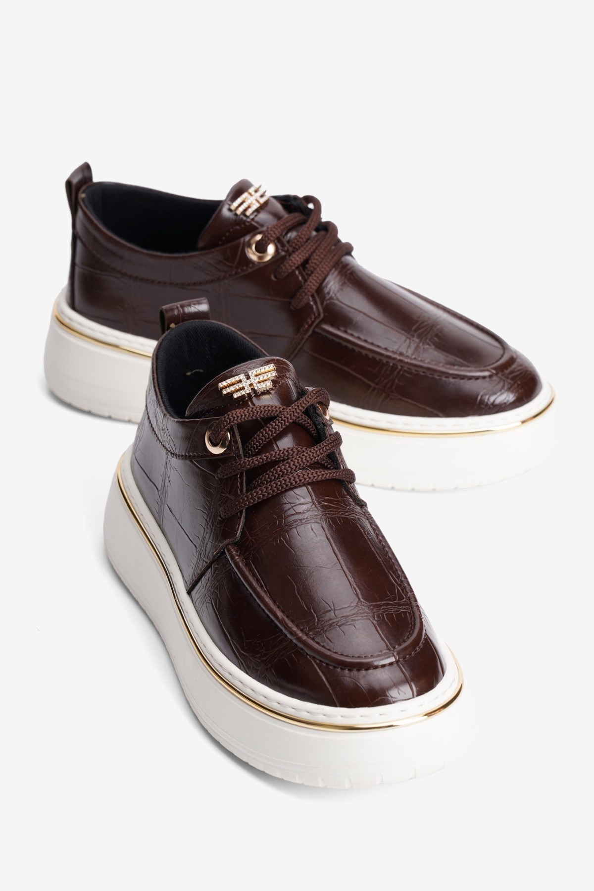 Kadın Kroko Sneaker Bağcıklı Altın Şerit Detaylı Zuri Kahverengi