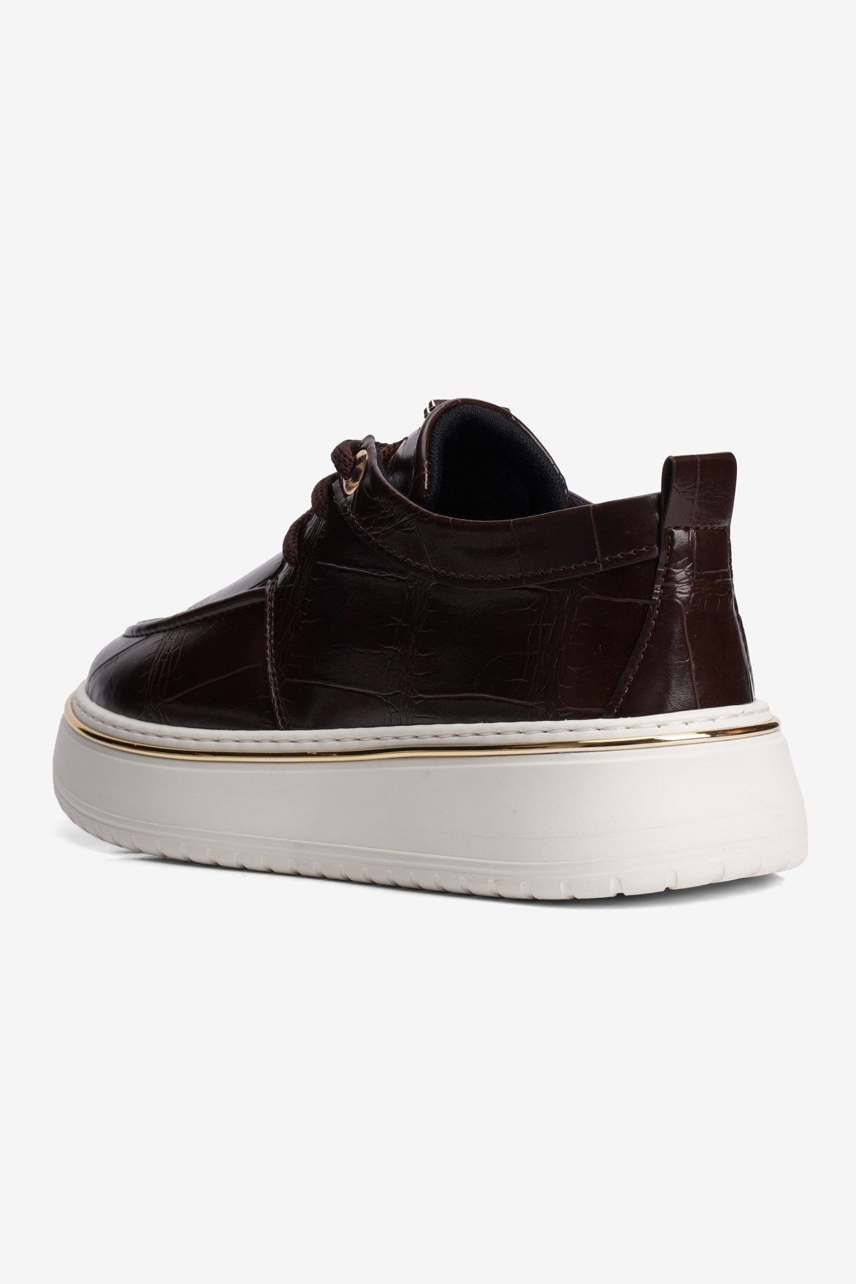 Kadın Kroko Sneaker Bağcıklı Altın Şerit Detaylı Zuri Kahverengi