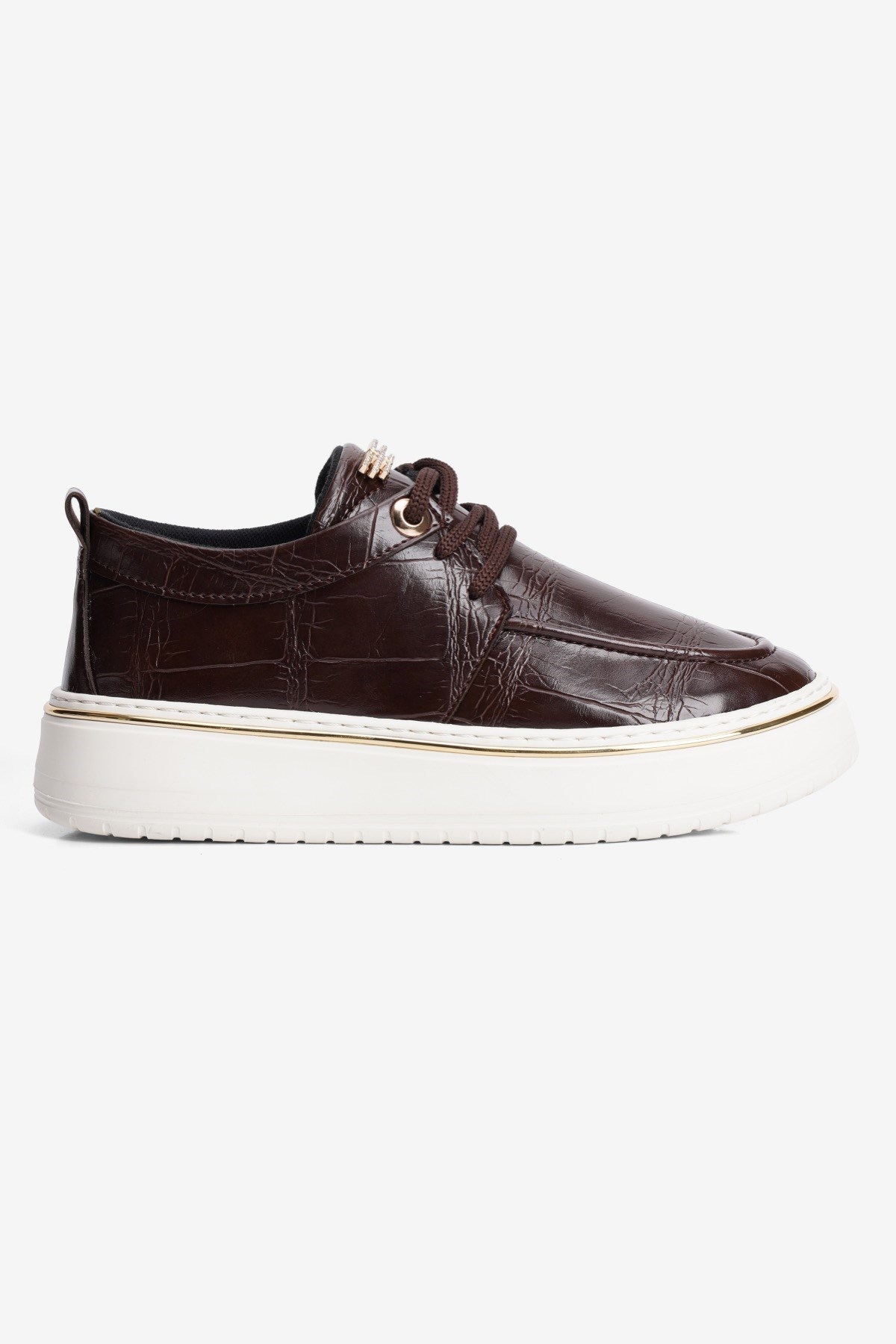 Kadın Kroko Sneaker Bağcıklı Altın Şerit Detaylı Zuri Kahverengi
