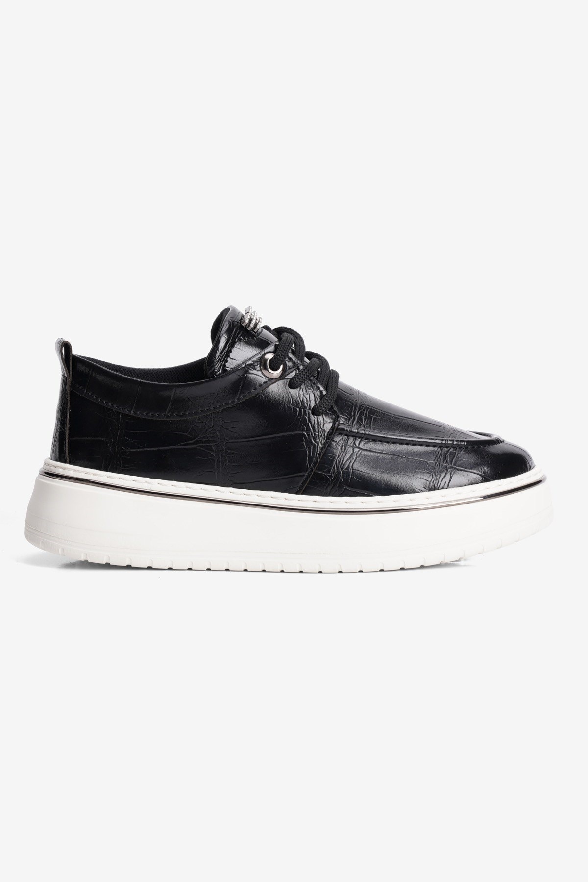 Kadın Kroko Sneaker Bağcıklı Platin Şerit Detaylı Zuri Siyah