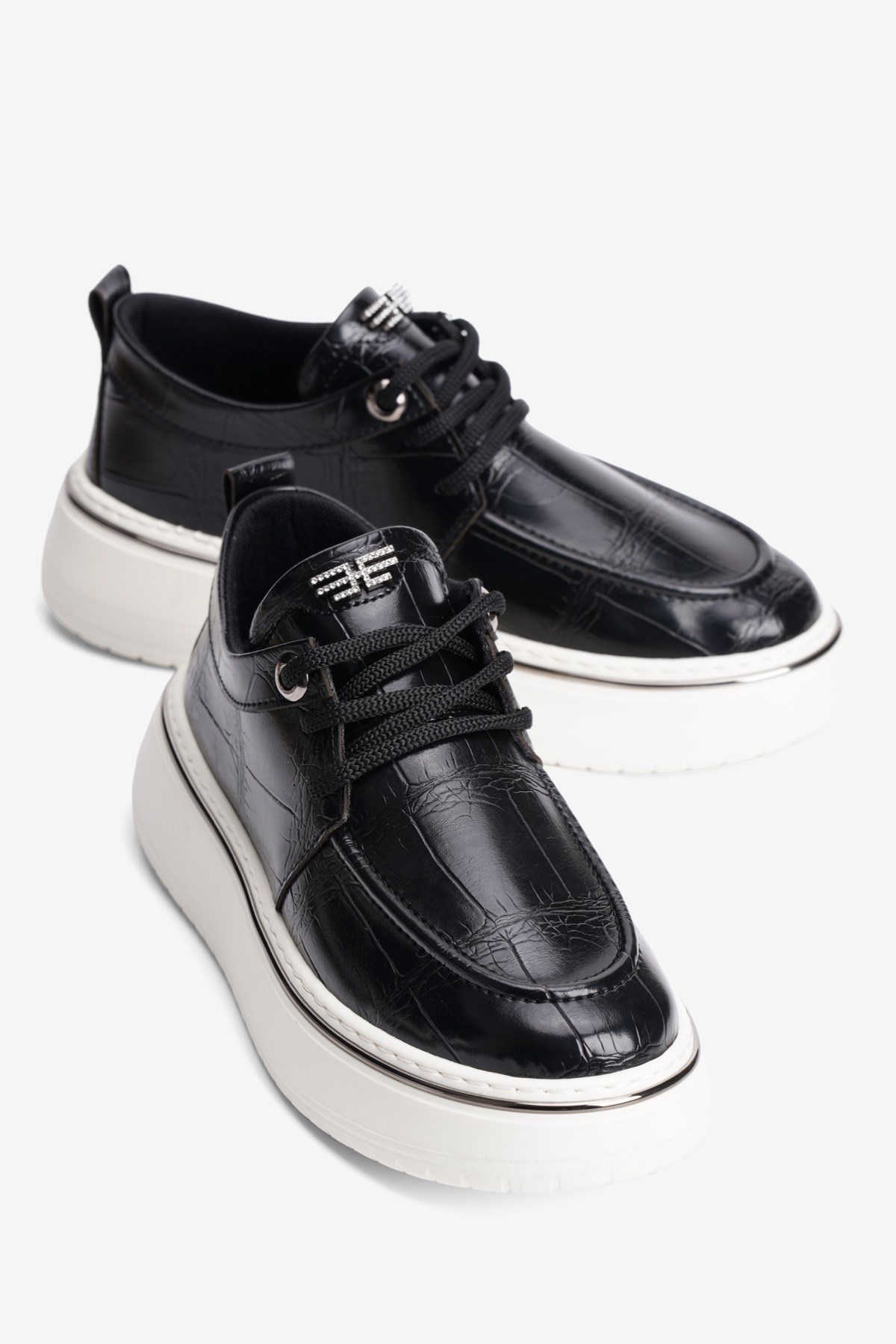 Kadın Kroko Sneaker Bağcıklı Platin Şerit Detaylı Zuri Siyah