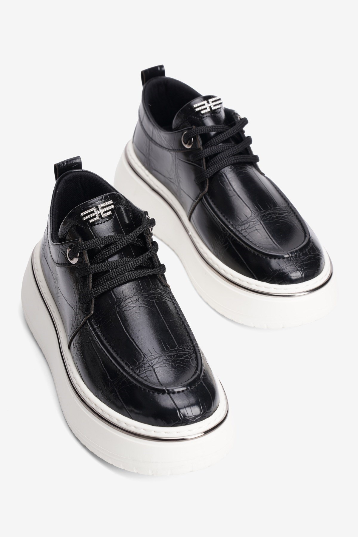 Kadın Kroko Sneaker Bağcıklı Platin Şerit Detaylı Zuri Siyah