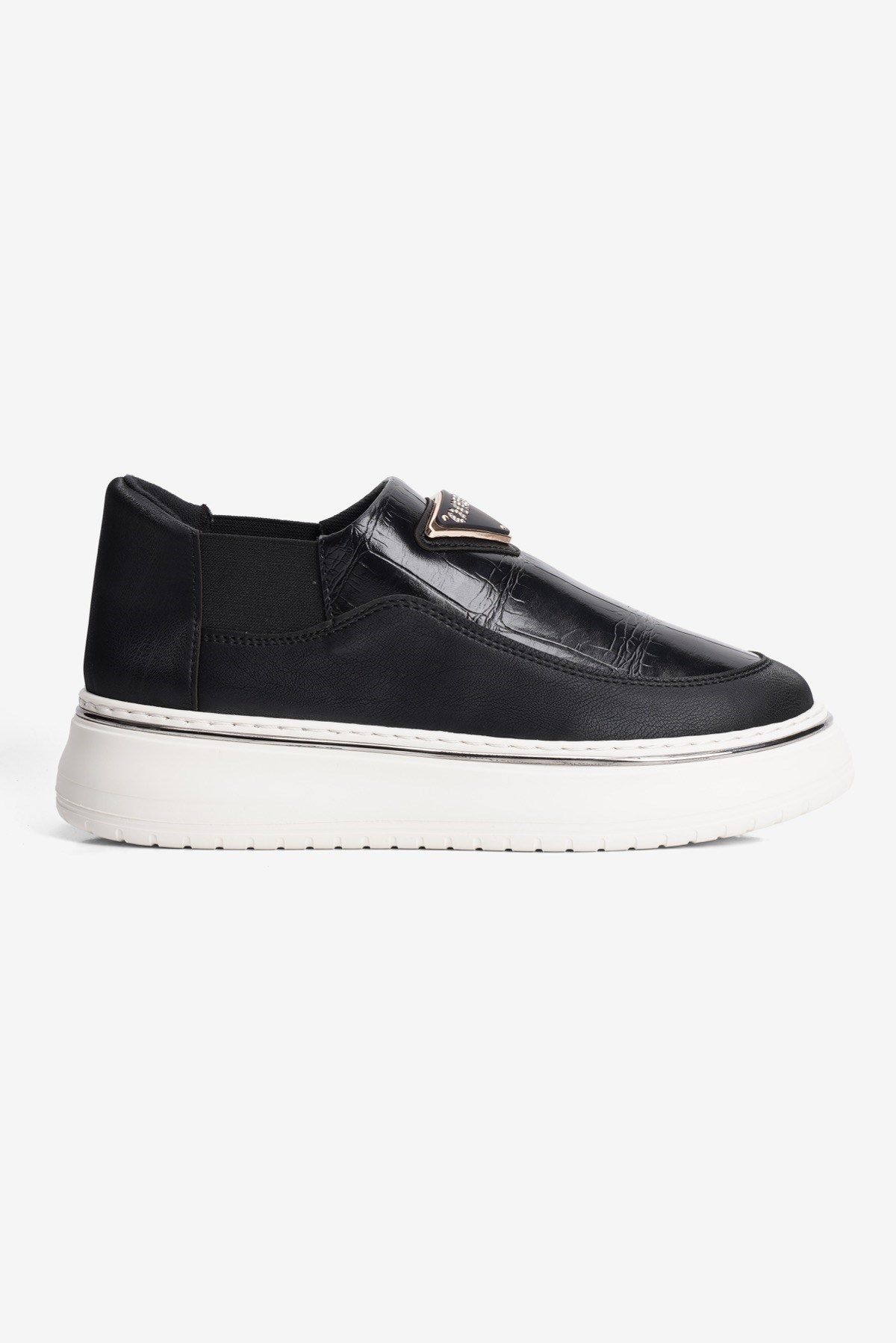 Kadın Kroko Sneaker Nubuk ve Lastik Detaylı Kalın Taban Vono Siyah
