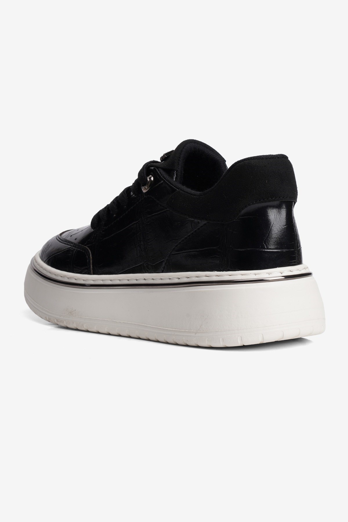 Kadın Kroko Sneaker Süet Detaylı Bağcıklı Kalın Taban Roko Siyah