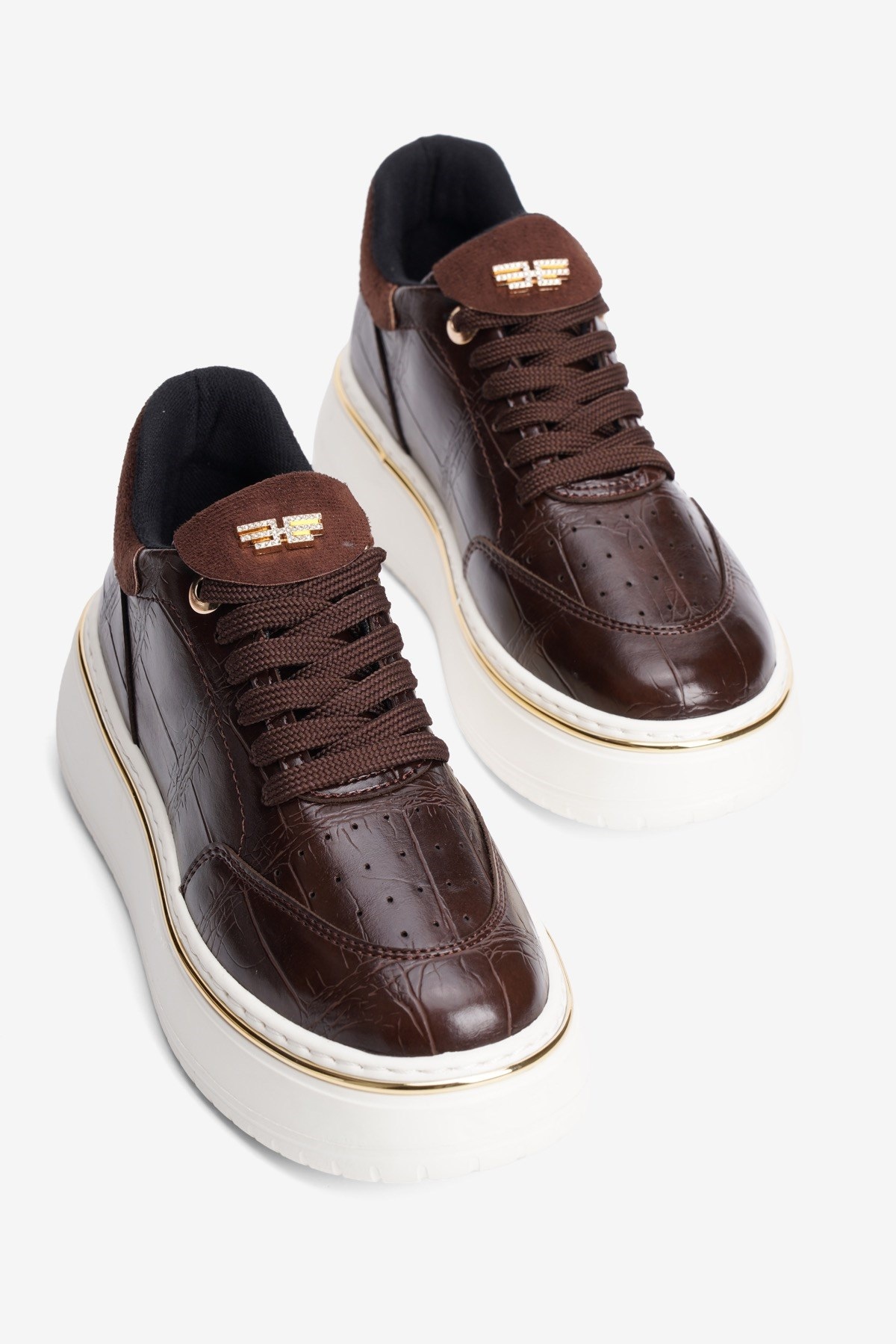 Kadın Kroko Sneaker Süet Detaylı Bağcıklı Kalın Taban Roko Kahverengi