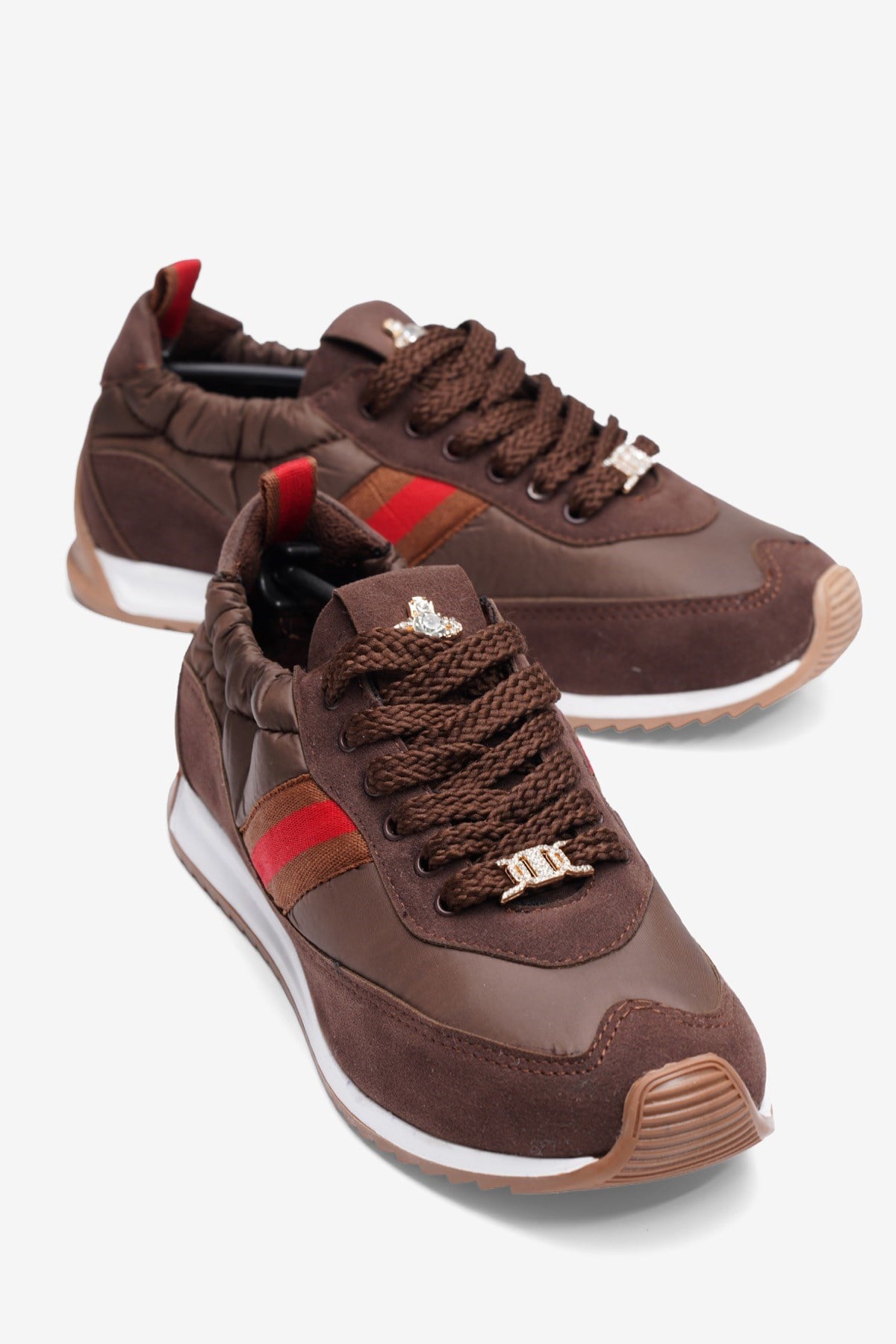 Kadın Paraşüt Sneaker Süet Detaylı Taş Aksesuarlı Günlük Spor Ayakkabı Leya Kahverengi