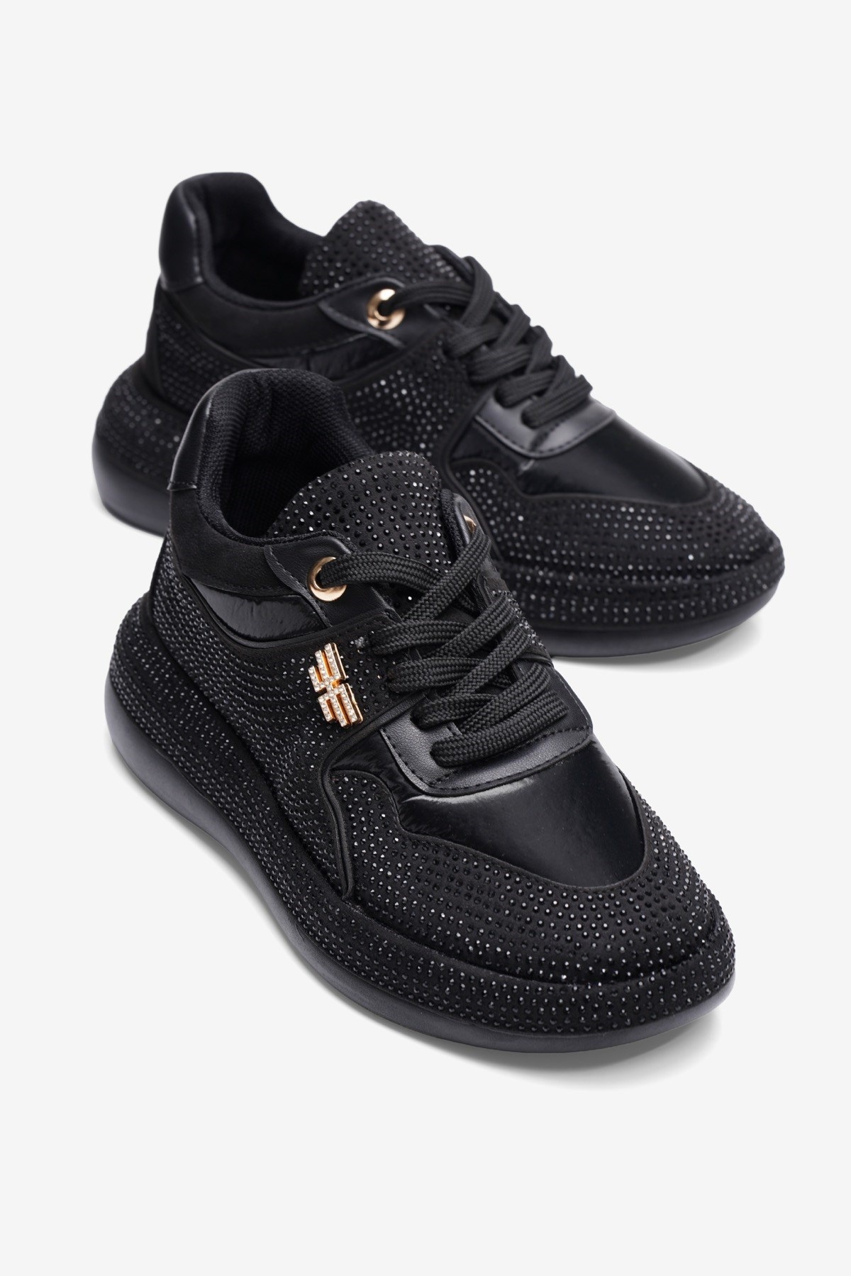 Kadın Paraşüt Sneaker Süet Detaylı Taşlı Günlük Spor Ayakkabı Liva Siyah