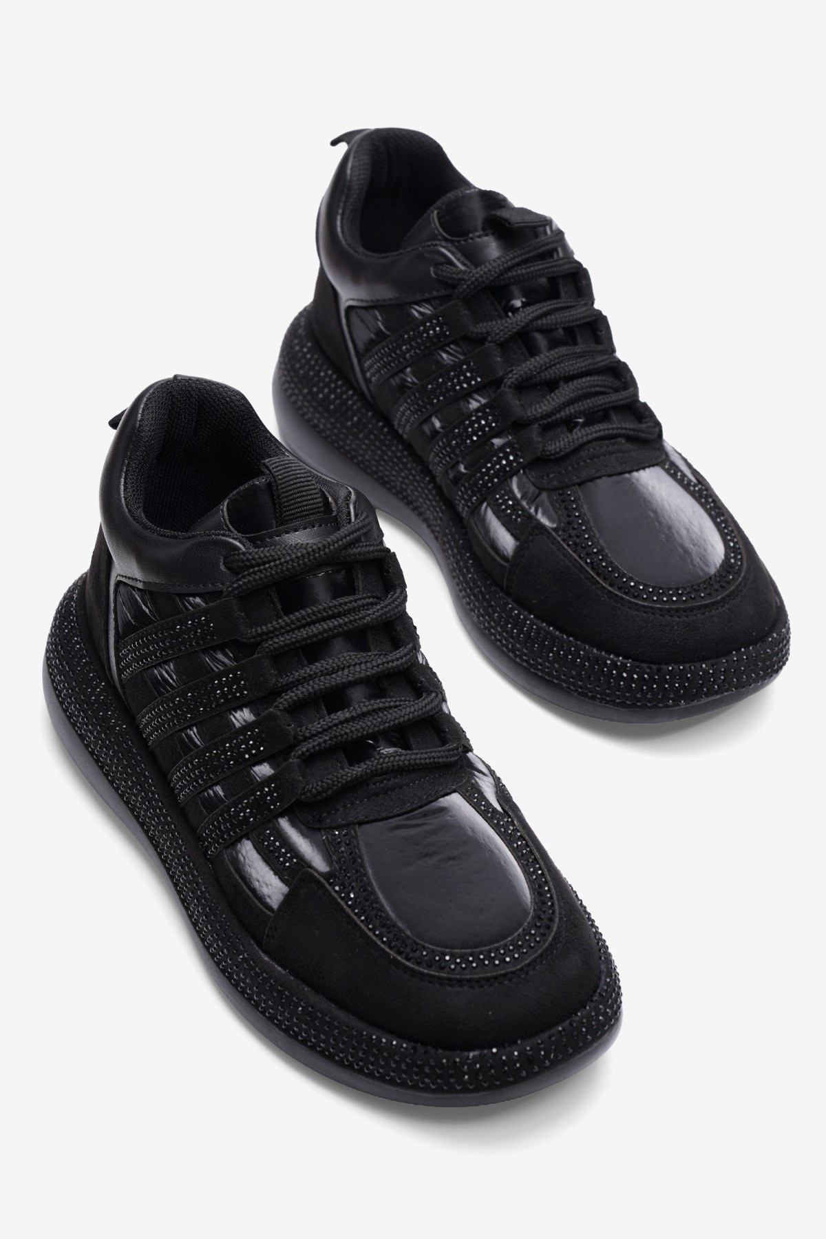 Kadın Paraşüt Sneaker Süet Detaylı Taşlı Günlük Spor Ayakkabı Vona Siyah