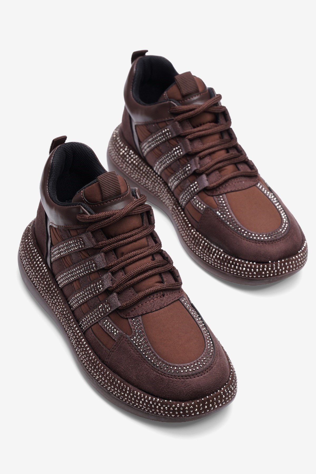 Kadın Paraşüt Sneaker Süet Detaylı Taşlı Günlük Spor Ayakkabı Vona Kahverengi