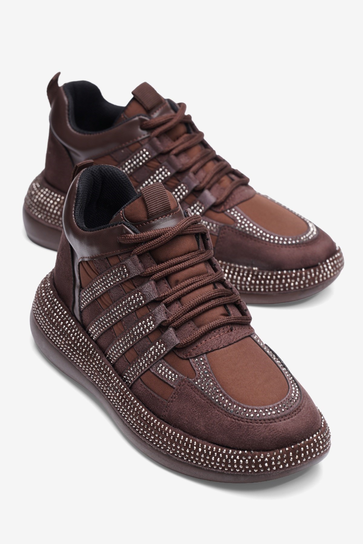 Kadın Paraşüt Sneaker Süet Detaylı Taşlı Günlük Spor Ayakkabı Vona Kahverengi