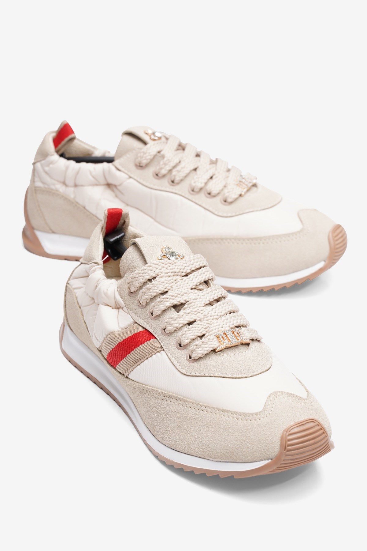 Kadın Paraşüt Sneaker Süet Detaylı Taş Aksesuarlı Günlük Spor Ayakkabı Leya Bej