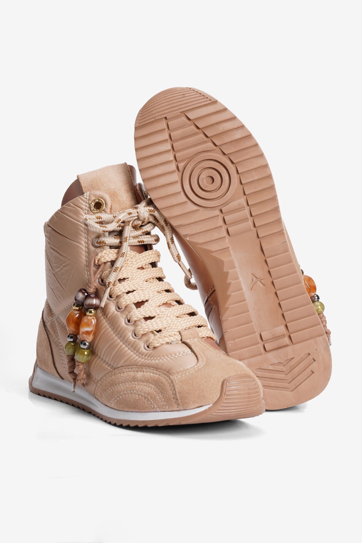 Kadın Sneaker Bot Paraşüt Süet Detaylı Bağcıklı Fermuarlı Boncuklu Zazu Vizon