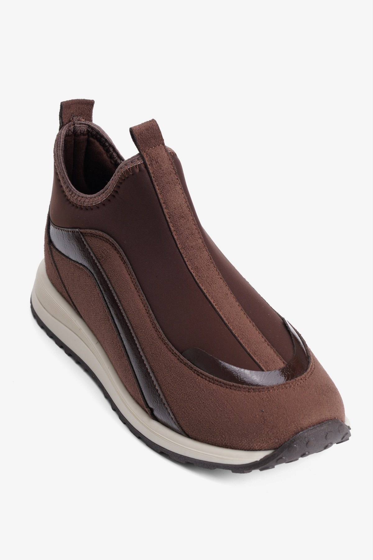 Kadın Streç Sneaker Bağcıksız Süet Ve Rugan Detaylı Spor Ayakkabı Niro Kahverengi