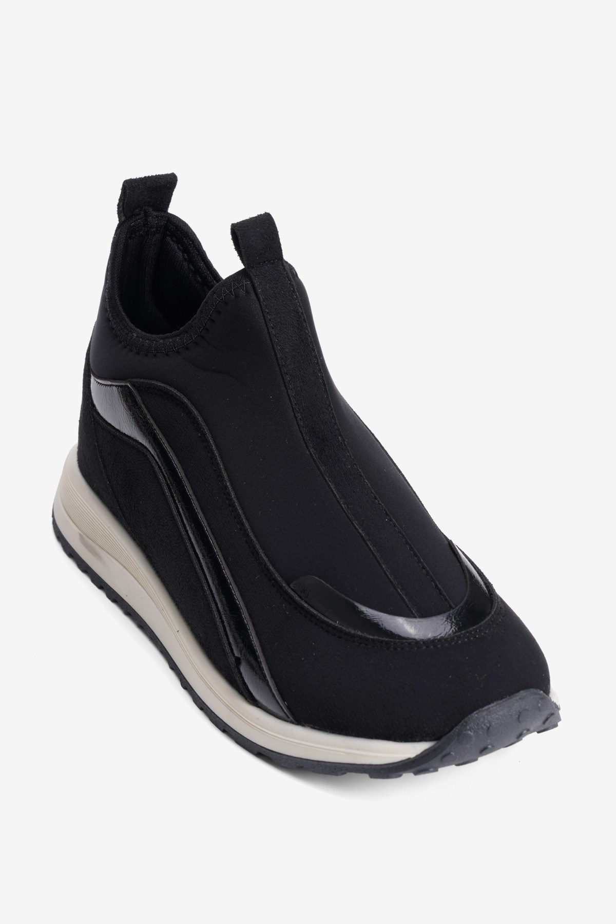Kadın Streç Sneaker Bağcıksız Süet Ve Rugan Detaylı Spor Ayakkabı Niro Siyah