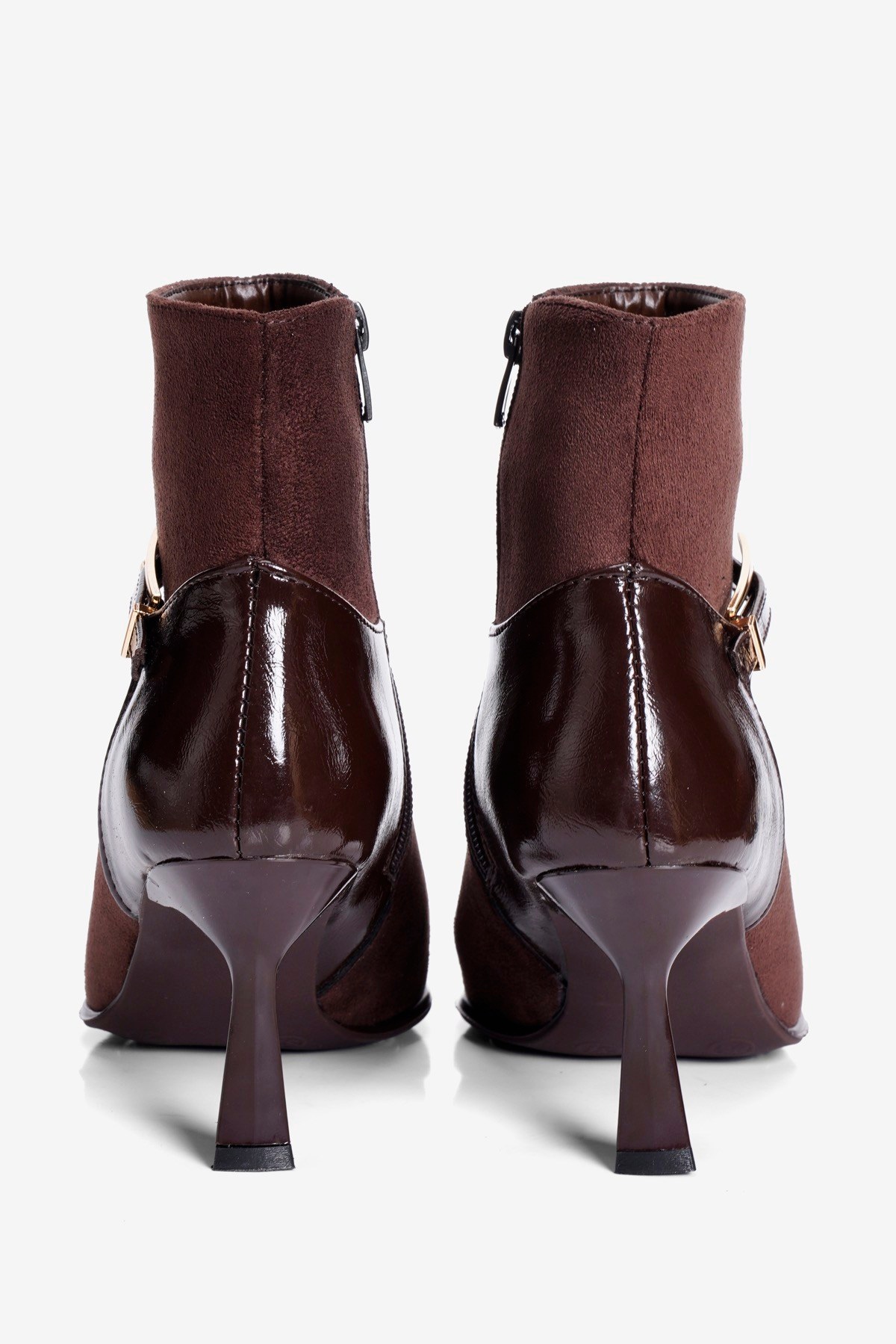 Kadın Süet Bot Sivri Burun İnce Topuklu Gold Tokalı Fermuarlı Elise Kahverengi