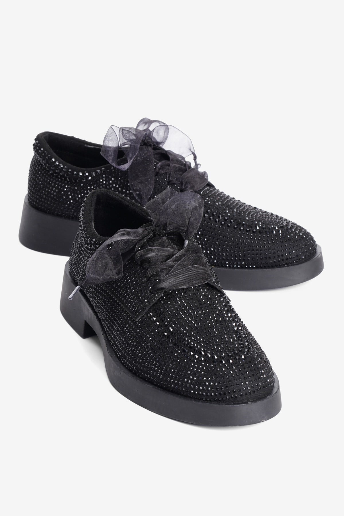 Kadın Süet Loafer Oxford Taşlı Tül Bağcıklı Pera Siyah