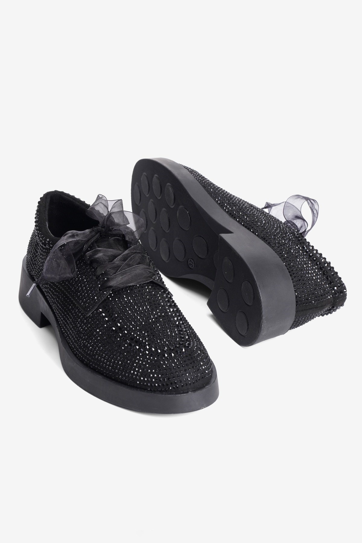 Kadın Süet Loafer Oxford Taşlı Tül Bağcıklı Pera Siyah