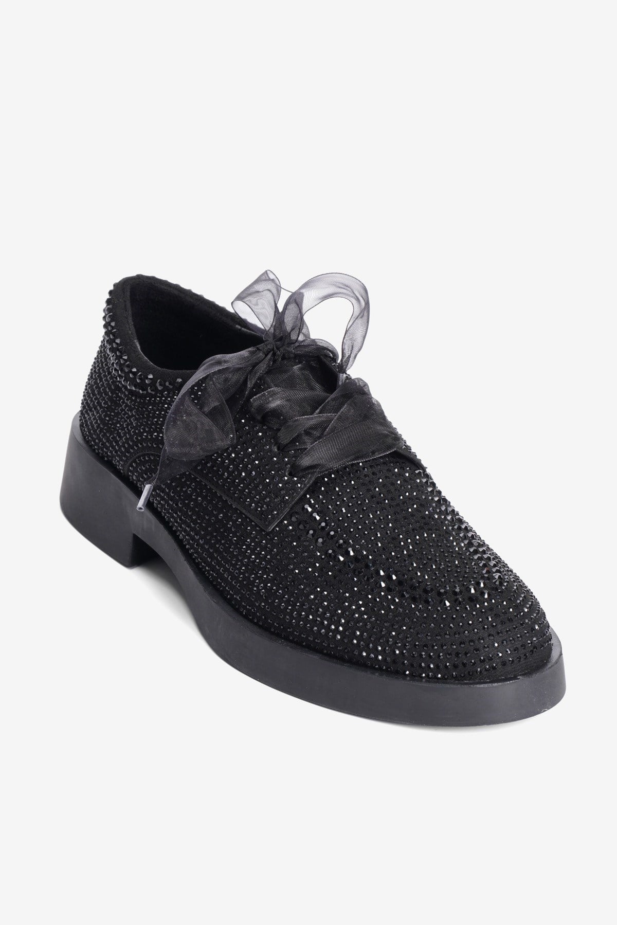 Kadın Süet Loafer Oxford Taşlı Tül Bağcıklı Pera Siyah