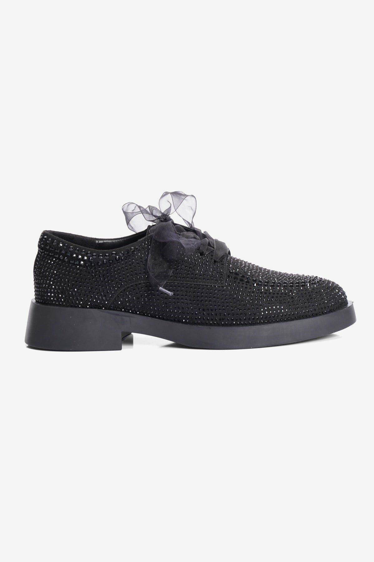 Kadın Süet Loafer Oxford Taşlı Tül Bağcıklı Pera Siyah