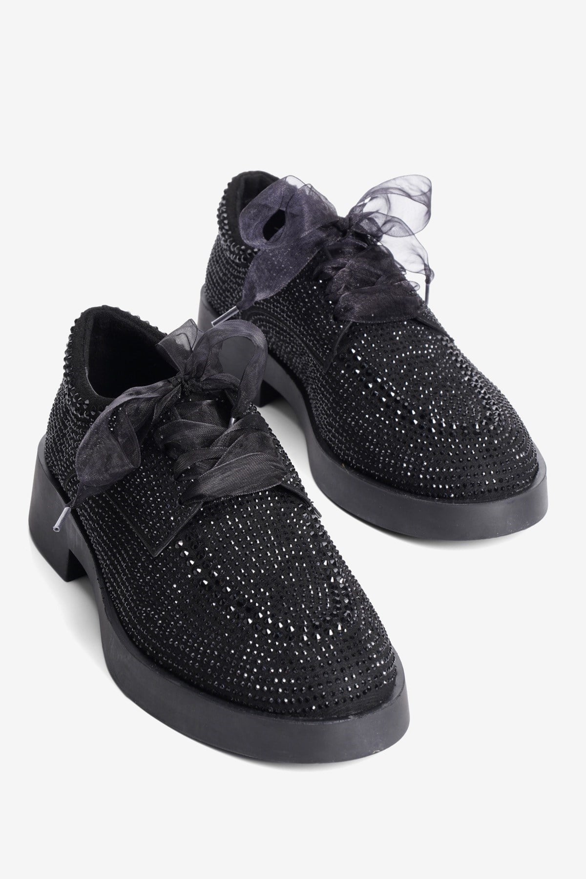Kadın Süet Loafer Oxford Taşlı Tül Bağcıklı Pera Siyah