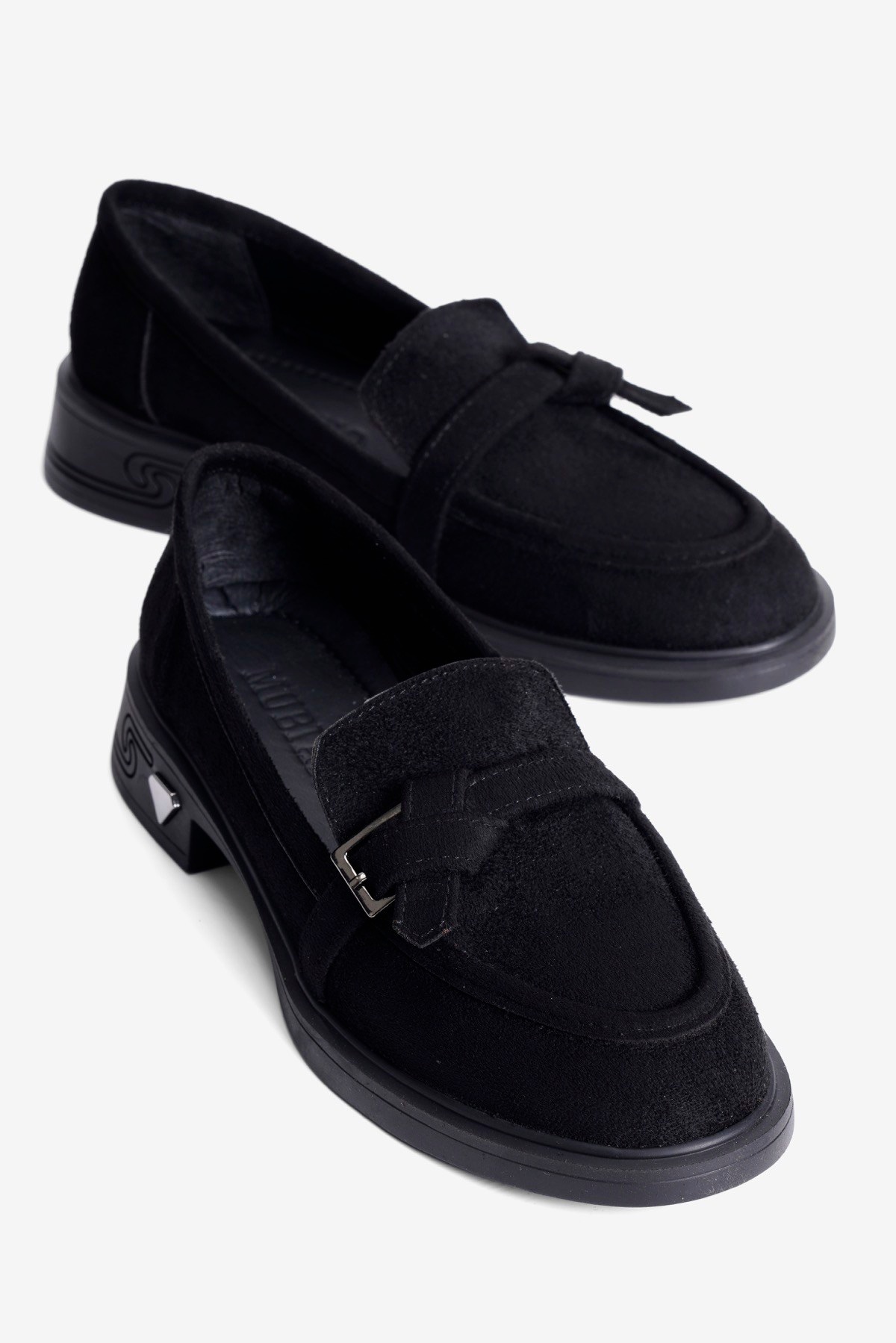 Kadın Süet Loafer Platin Tokalı Siyah Elor