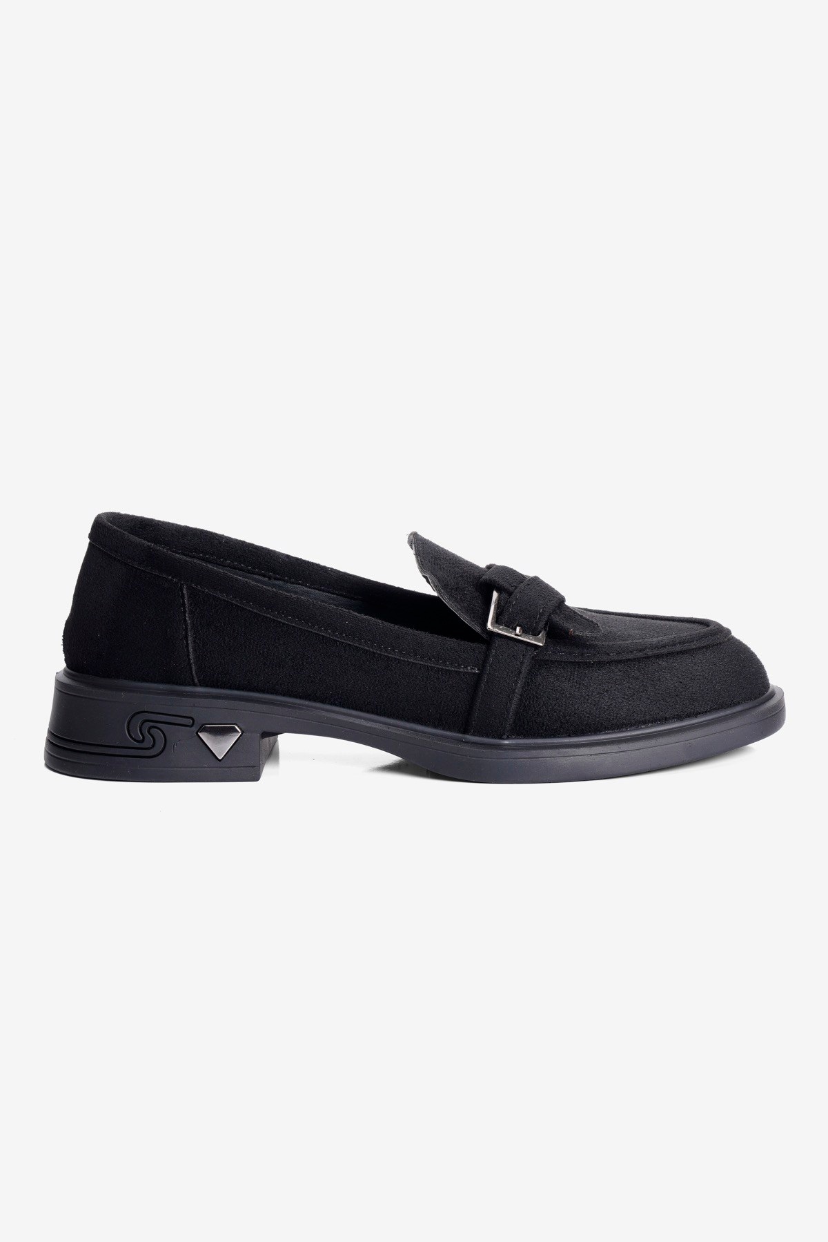 Kadın Süet Loafer Platin Tokalı Siyah Elor