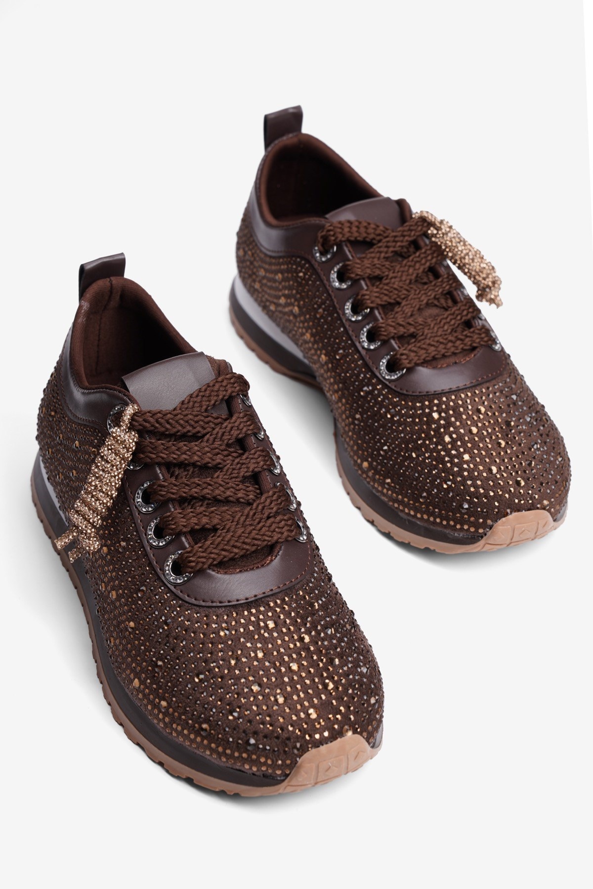 Kadın Süet Sneaker Taşlı Bağcıklı Mely Kahverengi