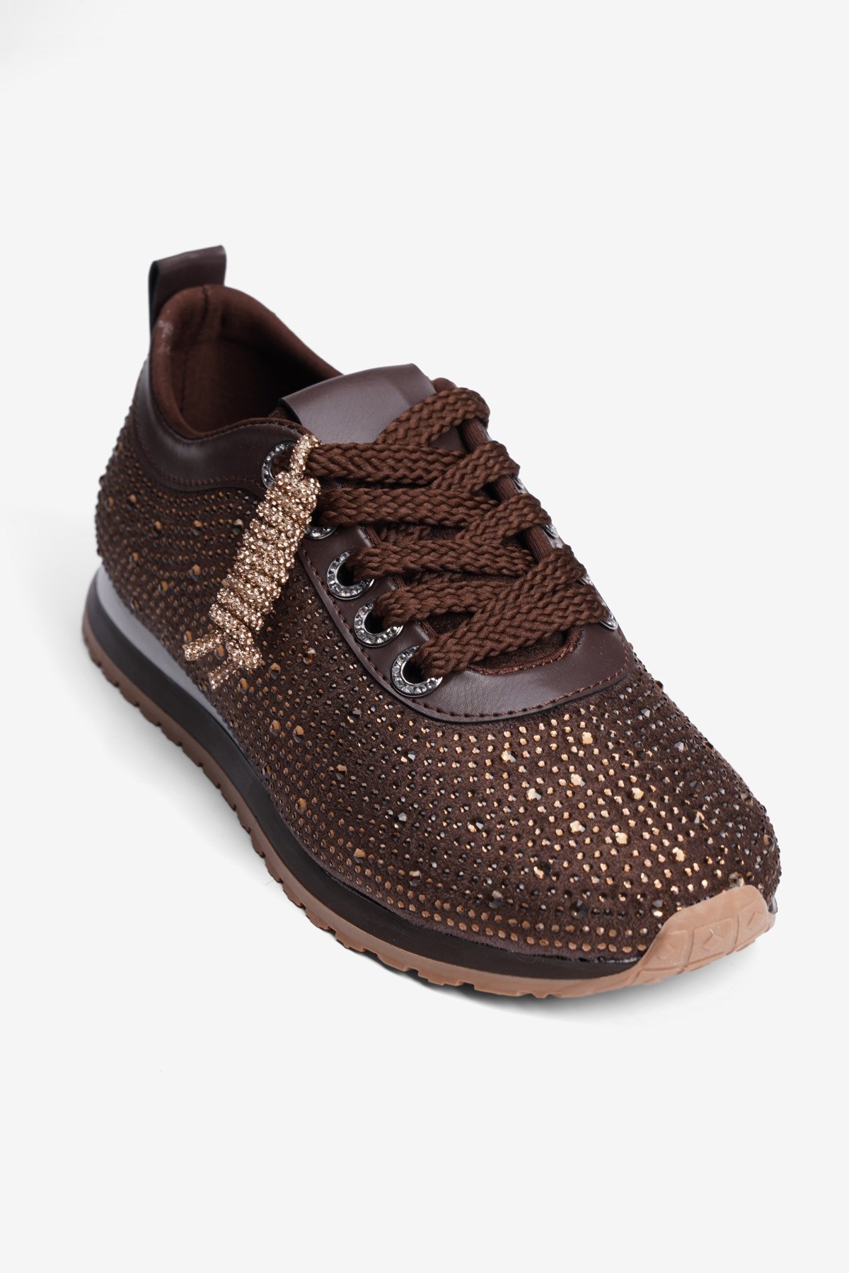 Kadın Süet Sneaker Taşlı Bağcıklı Mely Kahverengi