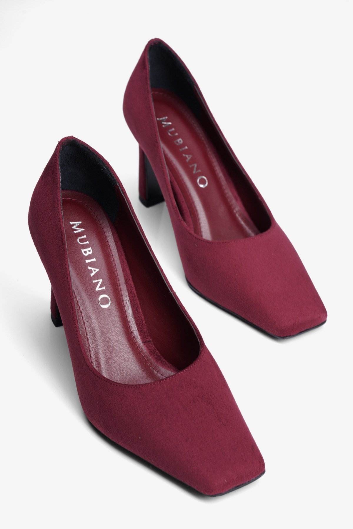 Kadın Süet Topuklu Ayakkabı Kare Burun Stiletto Naya Bordo