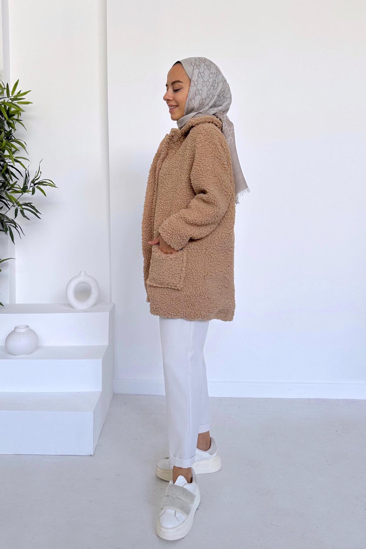 Astarlı Çift Cep Peluş Mont - Camel