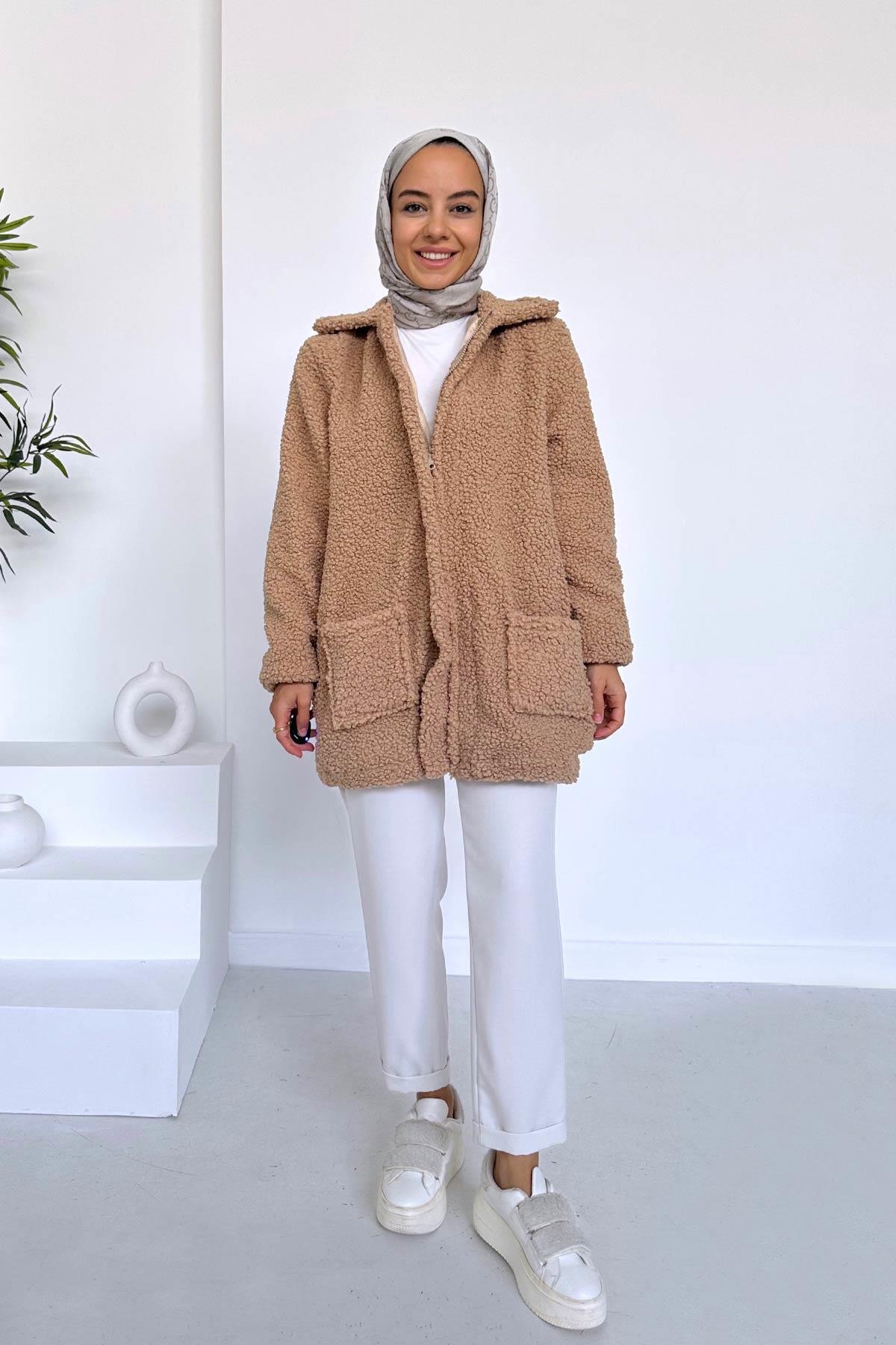 Astarlı Çift Cep Peluş Mont - Camel