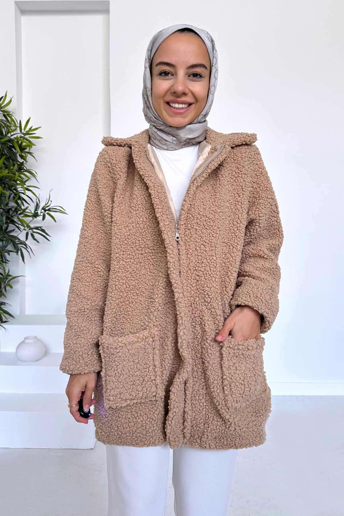 Astarlı Çift Cep Peluş Mont - Camel