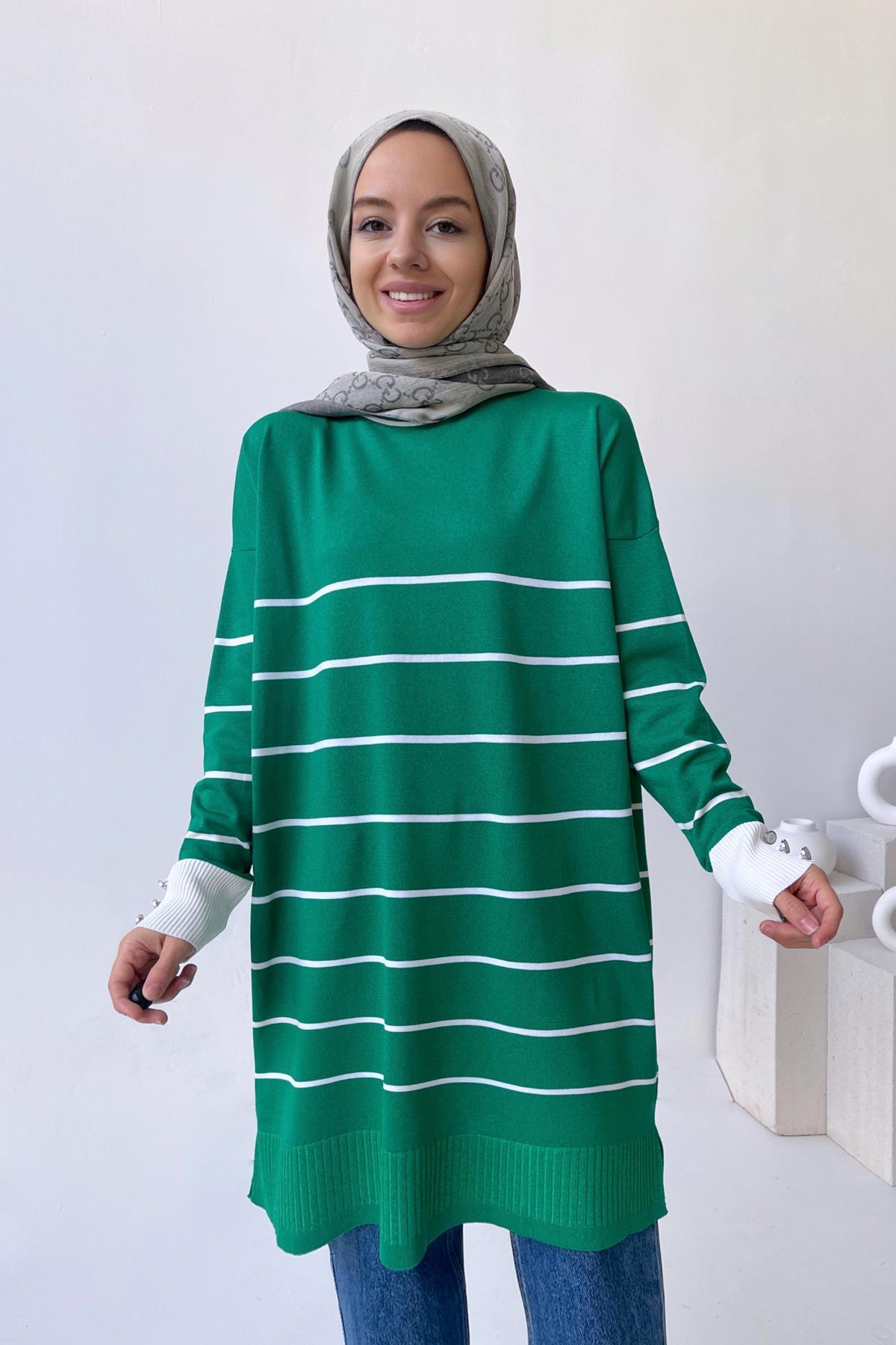 Bisiklet Yaka Çizgili Merserize Tunik - Yeşil