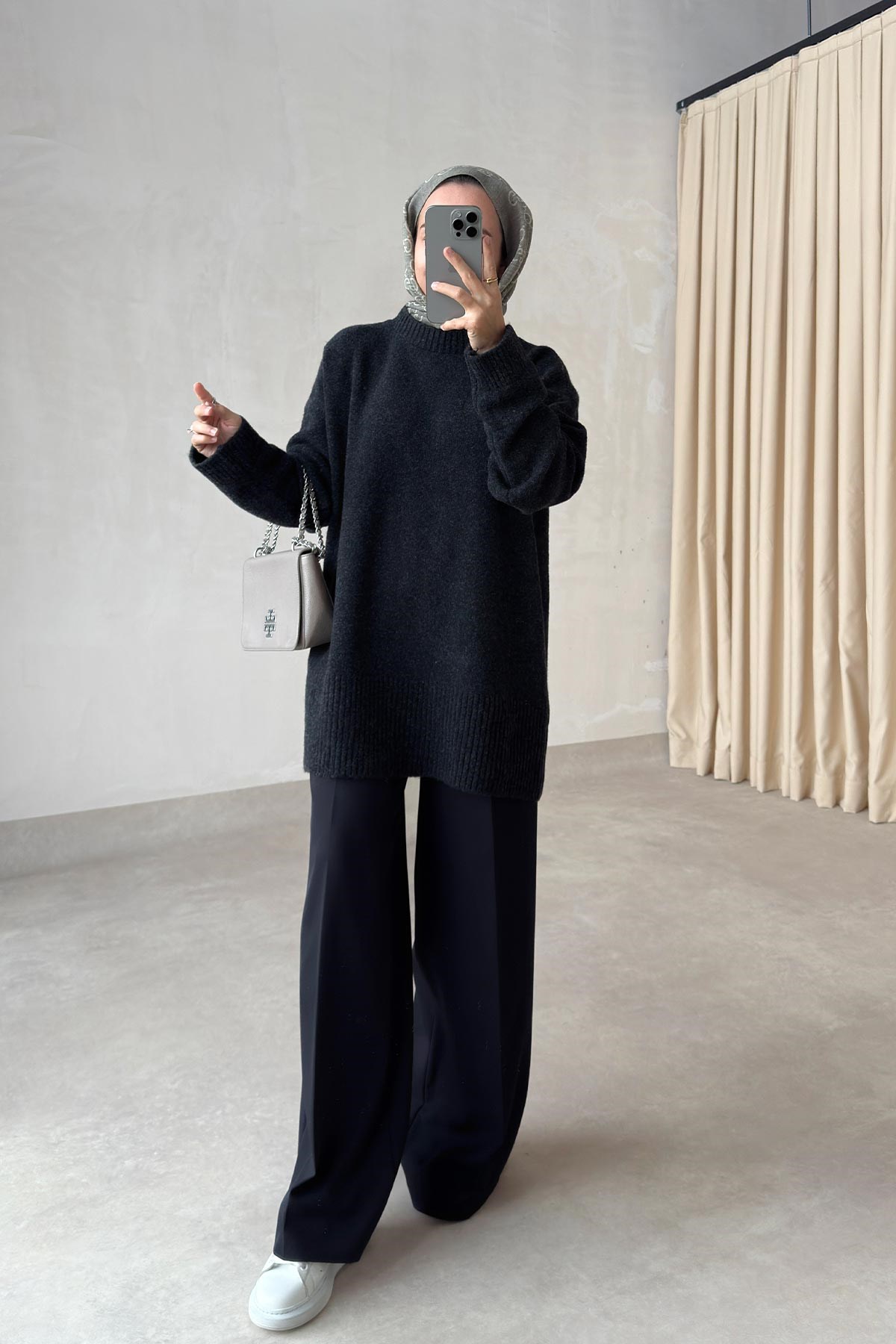 Bisiklet Yaka Oversize Triko Kazak - Antrasit