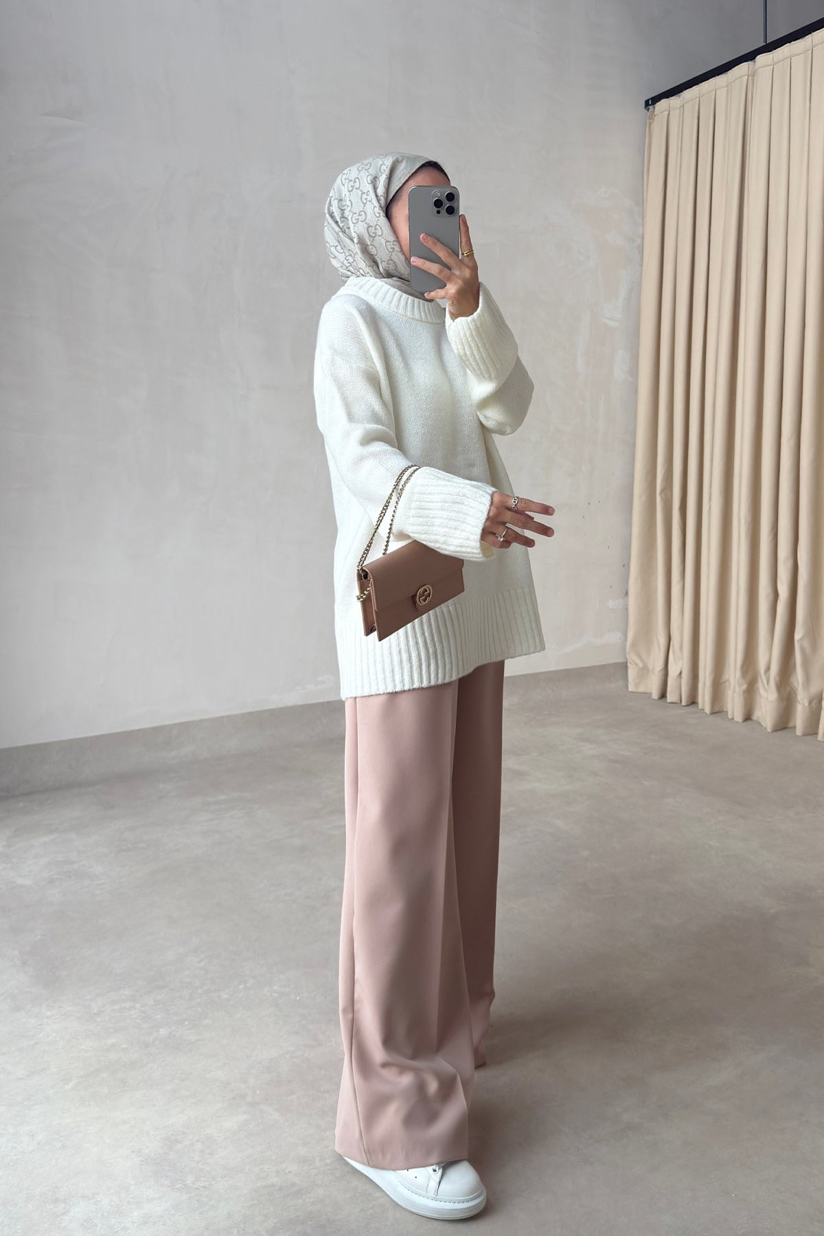 Bisiklet Yaka Oversize Triko Kazak - Ekru
