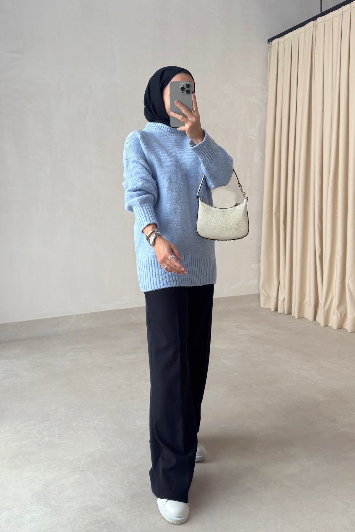 Bisiklet Yaka Oversize Triko Kazak - Mavi
