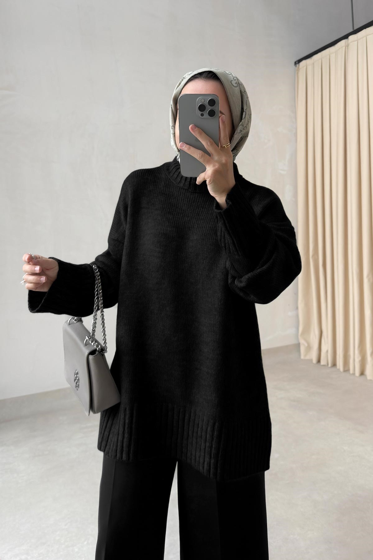 Bisiklet Yaka Oversize Triko Kazak - Siyah