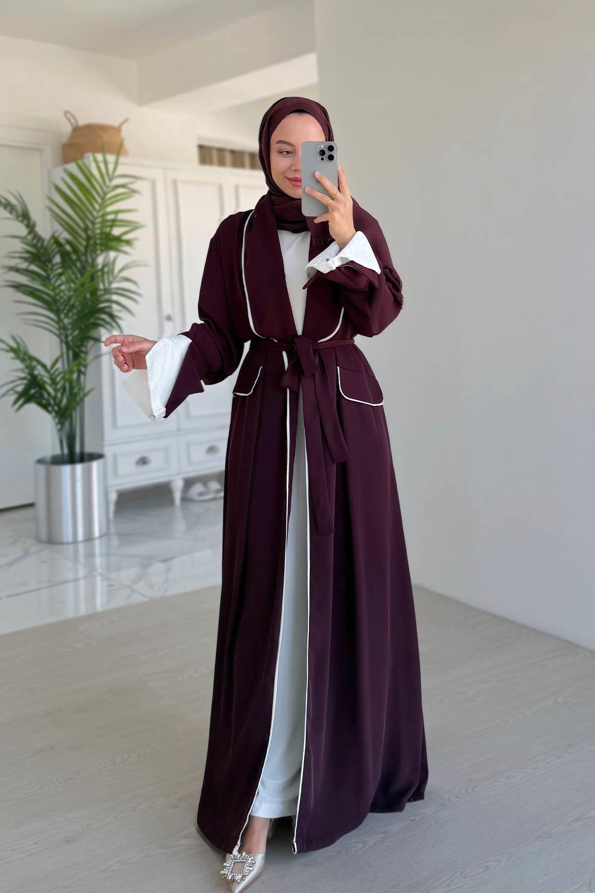 Biye Detay Bağlamalı Abaya - Bordo
