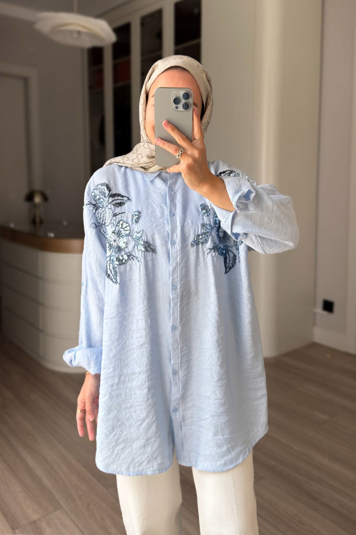 Çiçek Motifli Oversize Gömlek - Mavi