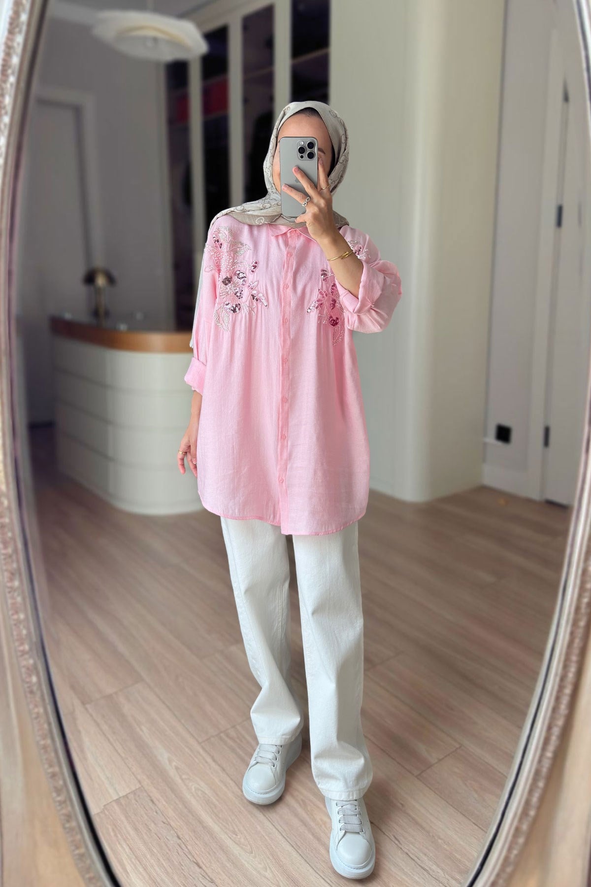 Çiçek Motifli Oversize Gömlek - Pembe