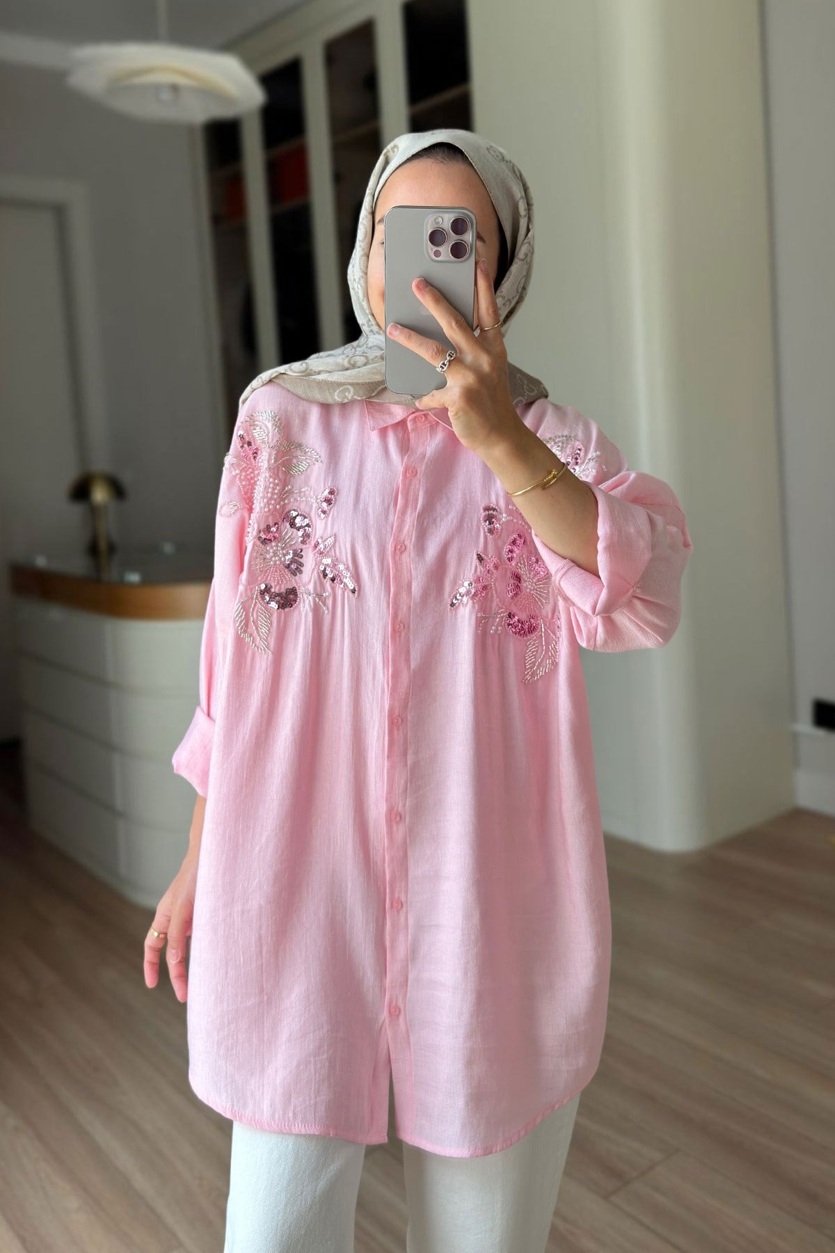 Çiçek Motifli Oversize Gömlek - Pembe