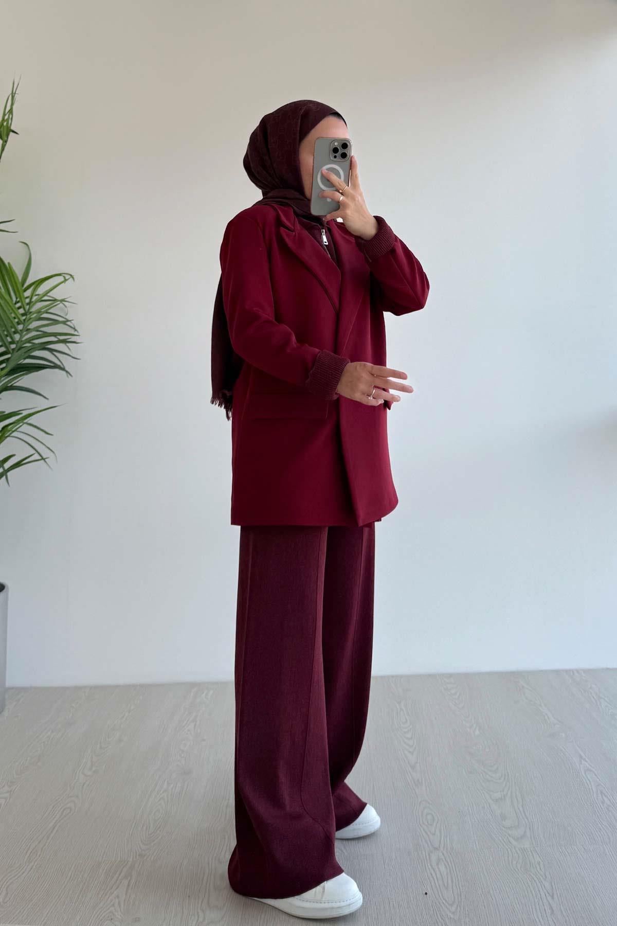 Çift Düğme Astarlı Blazer Ceket - Bordo