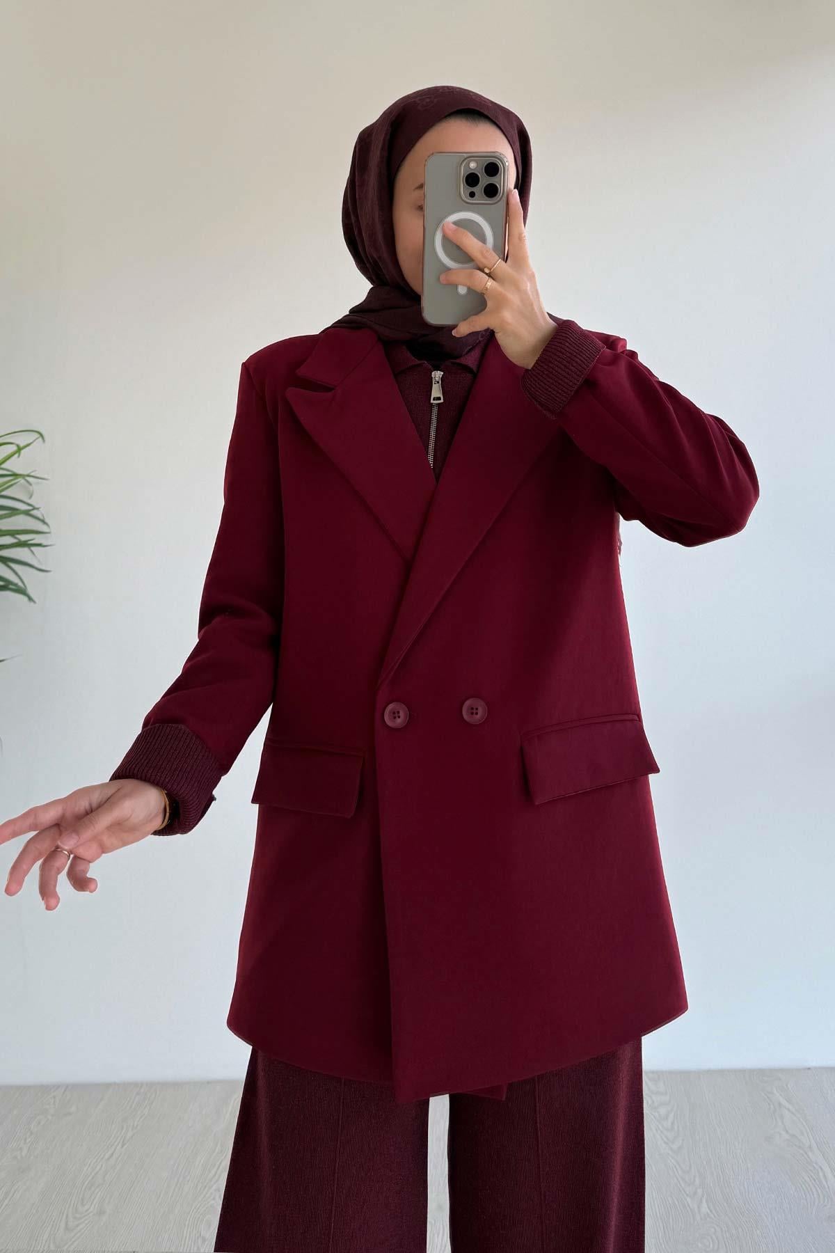 Çift Düğme Astarlı Blazer Ceket - Bordo